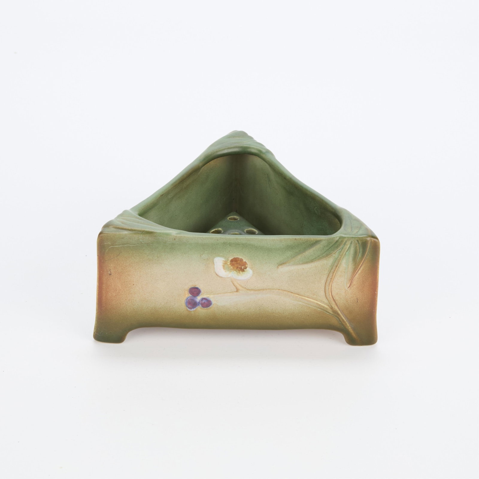 Weller "Tutone" Triangle Planter w/ Flower Frog: Vintage Weller Pottery "Tutone" triangular planter with matching flower frog, ca. 1920s. Featuring floral motifs and matte green glazing. Both stamped along the underside. 3.5"H x 7.5&q