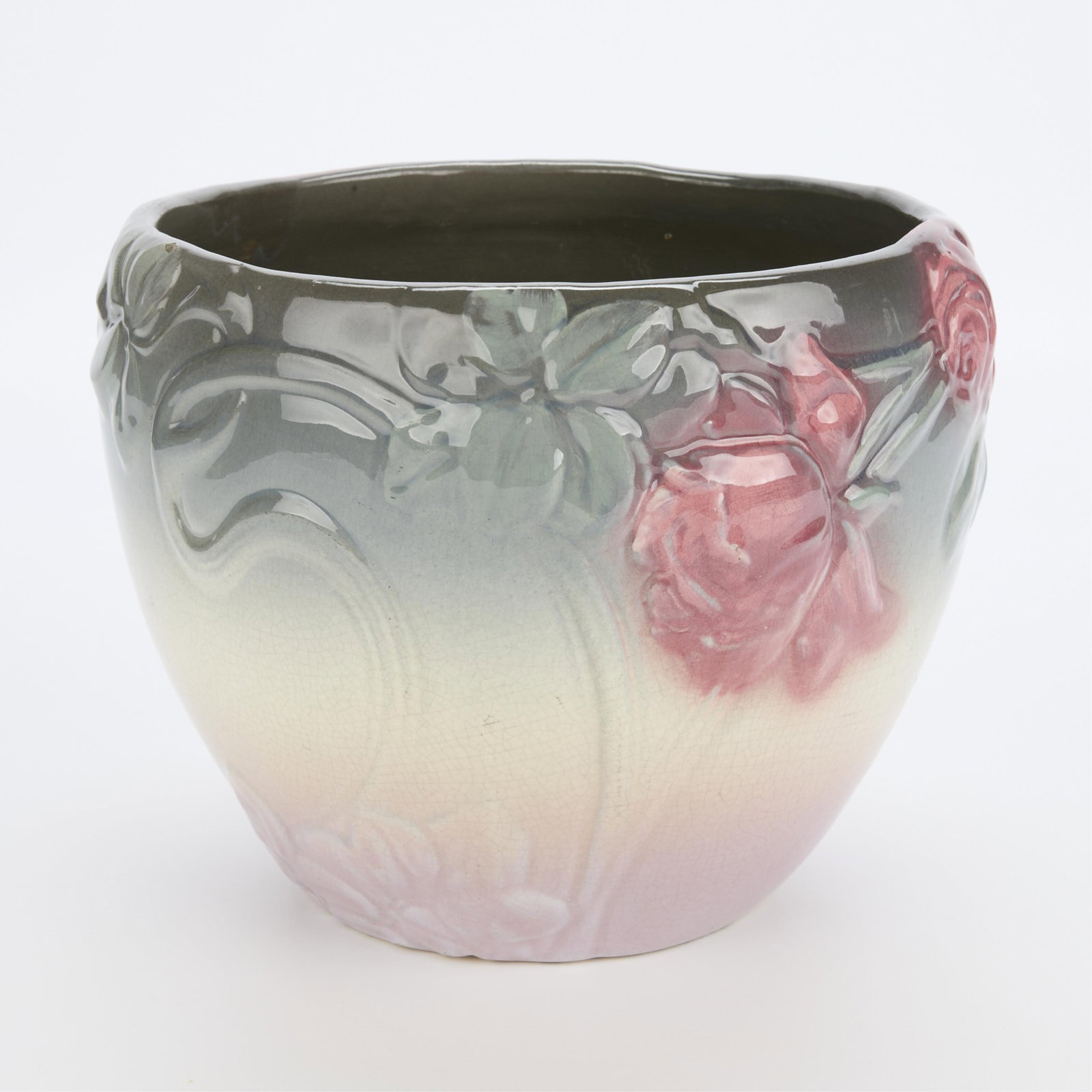 Large Weller Art Pottery Etna Rose Jardiniere Pot: Large vintage Weller Art Pottery "Etna" jardiniere planter or cache pot featuring a wild rose motif in low relief with a high gloss glaze, ca. 1906. Impressed "Weller" along the un