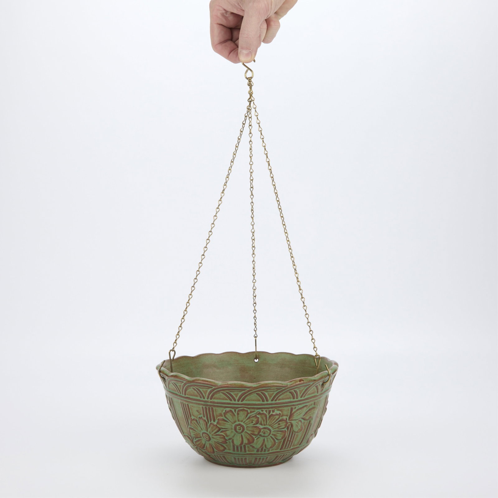 Vtg Weller Art Pottery Orris Hanging Planter 1915: Vintage Weller Art Pottery "Orris" hanging jardiniere planter, 1915. With incised foliate and floral motifs and a matte green and brown glaze. 5"H x 9"D