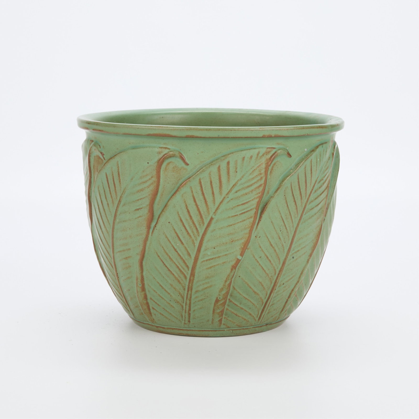 Vtg Weller Art Pottery Orris Jardiniere Planter 1915: Vintage Weller Art Pottery "Orris" jardiniere planter or cache pot, 1915. With incised foliate motifs and a matte green and brown glaze. 7.5"H x 9.5"D