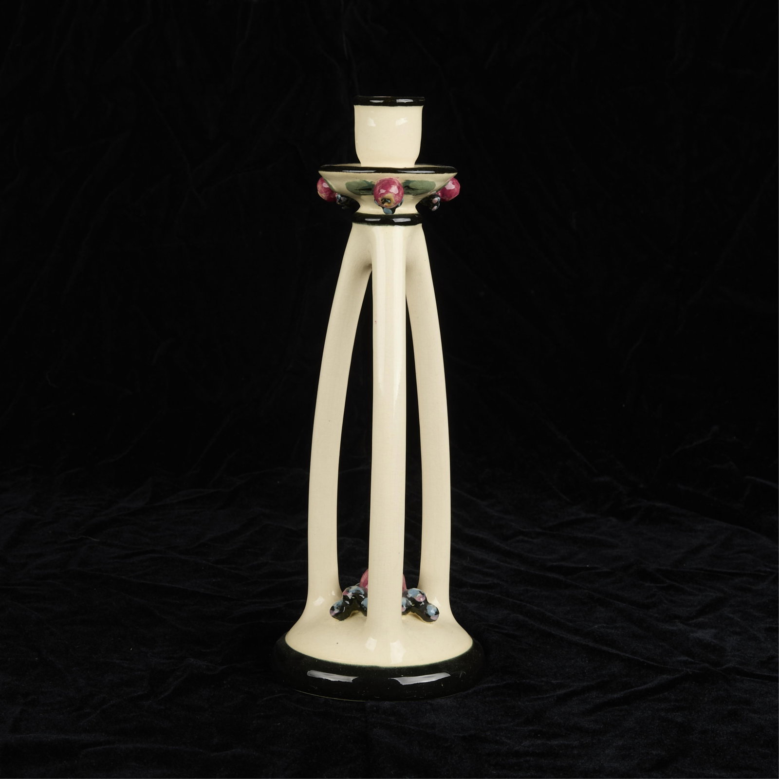 Vintage Weller Art Pottery "Noval" Candlestick: Vintage Weller Pottery ceramic "Noval" candlestick with applied fruit form decorations against a cream ground, ca. 1920s. Impressed "Weller" along the underside.12"H x 4.5&quo