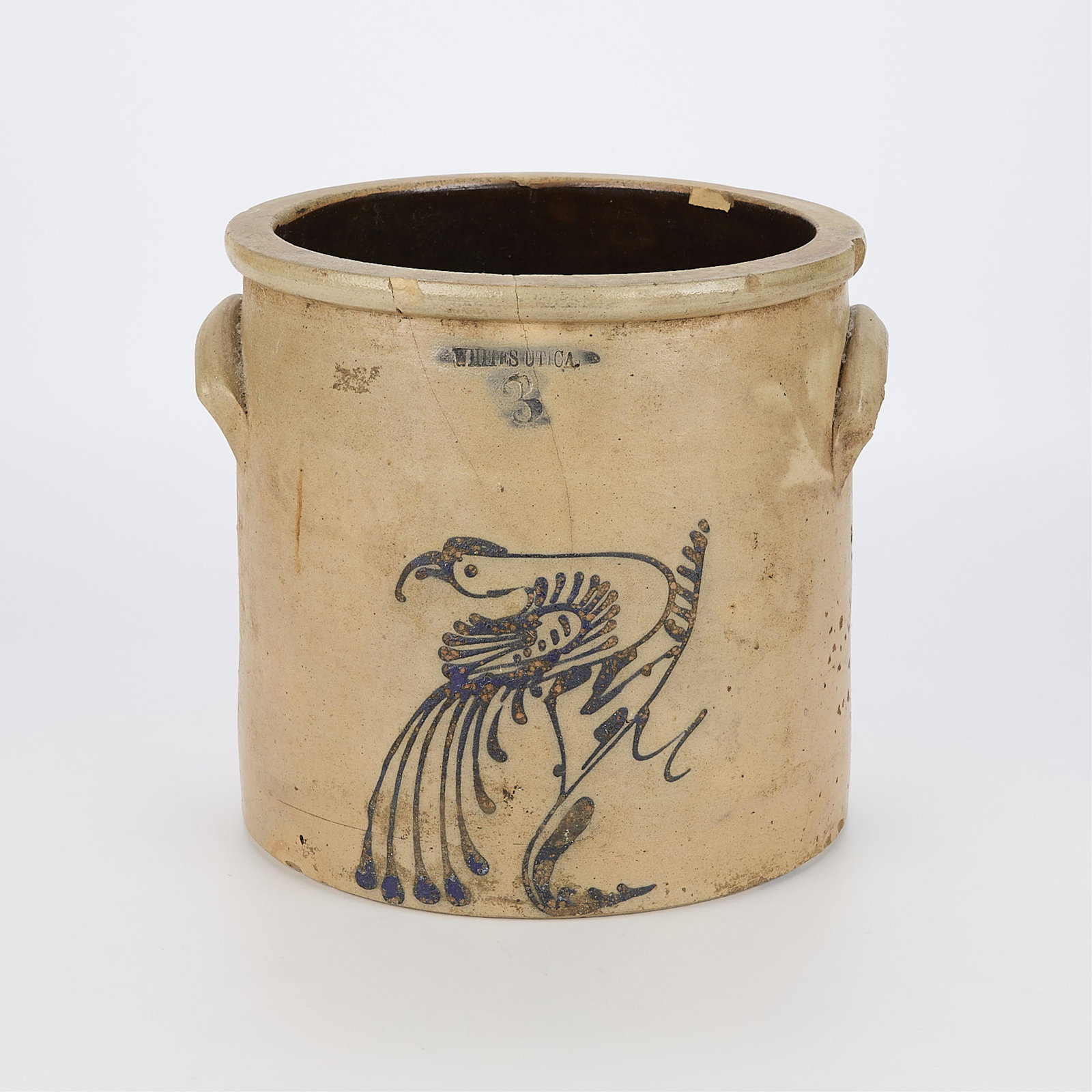 Antique White's Pottery Stoneware 3 Gall. Salt-Glazed Bird Crock: White's Pottery, Utica, New York. Rare three-gallon salt-glazed stoneware ceramic crock or jar depicting a cobalt blue glazed and incised paddletail bird, 19th/20th century. Impressed "Whites Uti