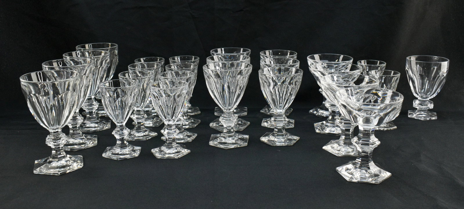 Grp. Baccarat Crystal Goblets, Chipped: Lot includes 24 Baccarat crystal glasses and goblets. All items have chips. Various sizes and shapes included. Glasses are marked on unserside of base. Heights range from 4.5" to 6".