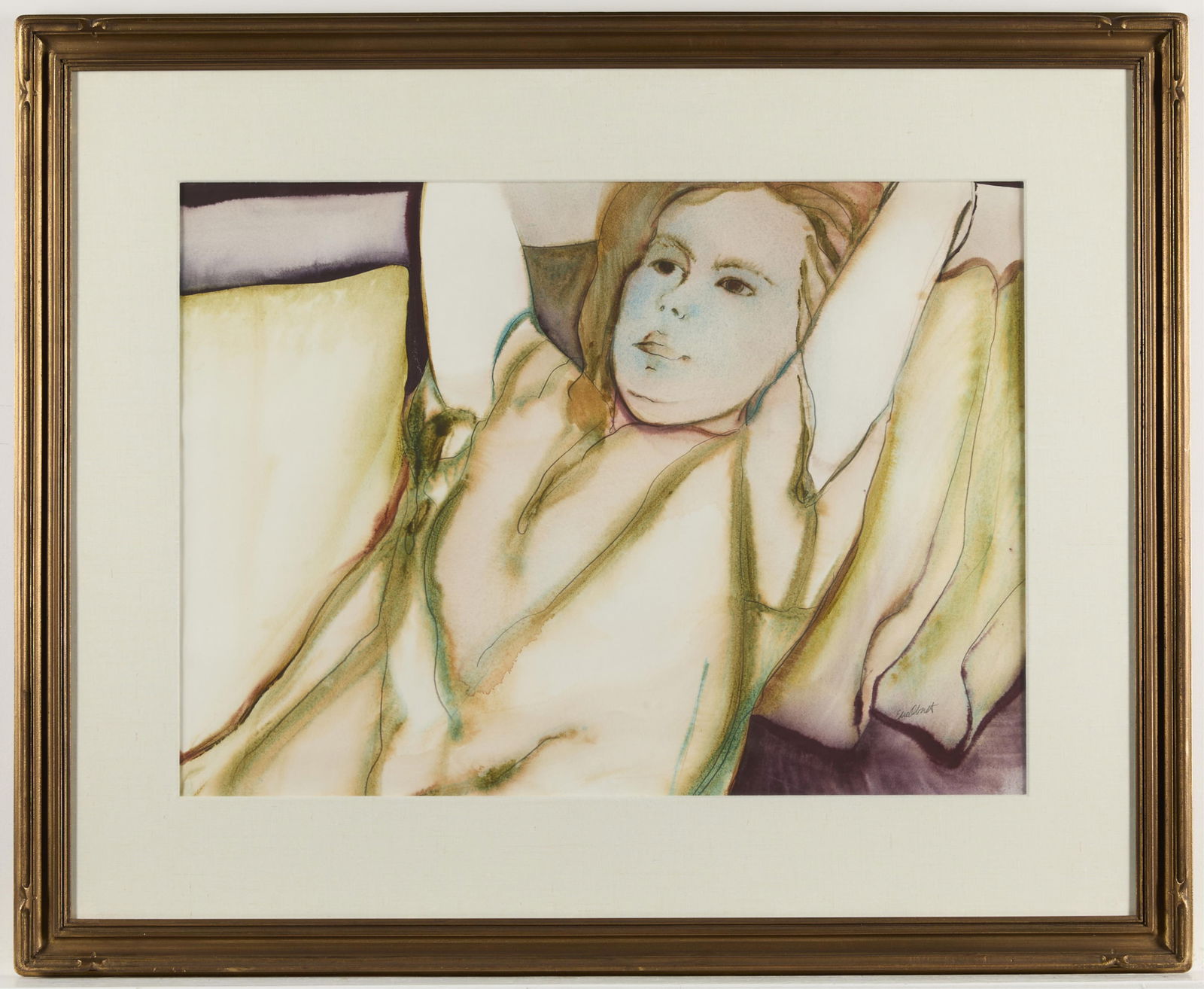 Edie Abnet Original Watercolor Painting of Woman: Original watercolor painting depicting a reclining woman. Signed lower right.34"H x 41"W