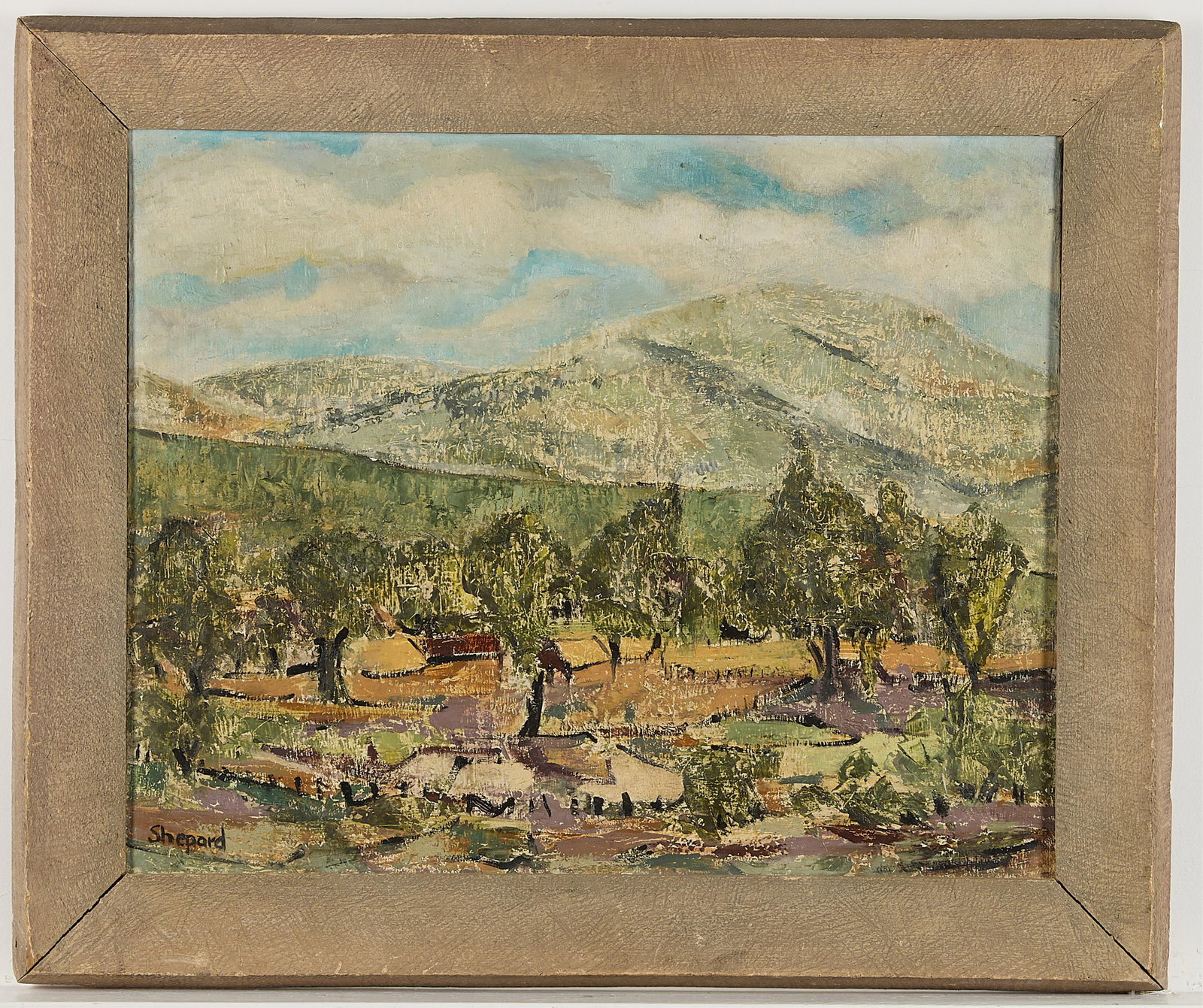 "Mountain Farm" Oil Painting Signed Shepard: Original oil on canvas depicting a landscape scene reminiscent of the Napa Valley area of California. Appears to be titled on back of canvas "Mountain Farm". Signed bottom left "Shepard
