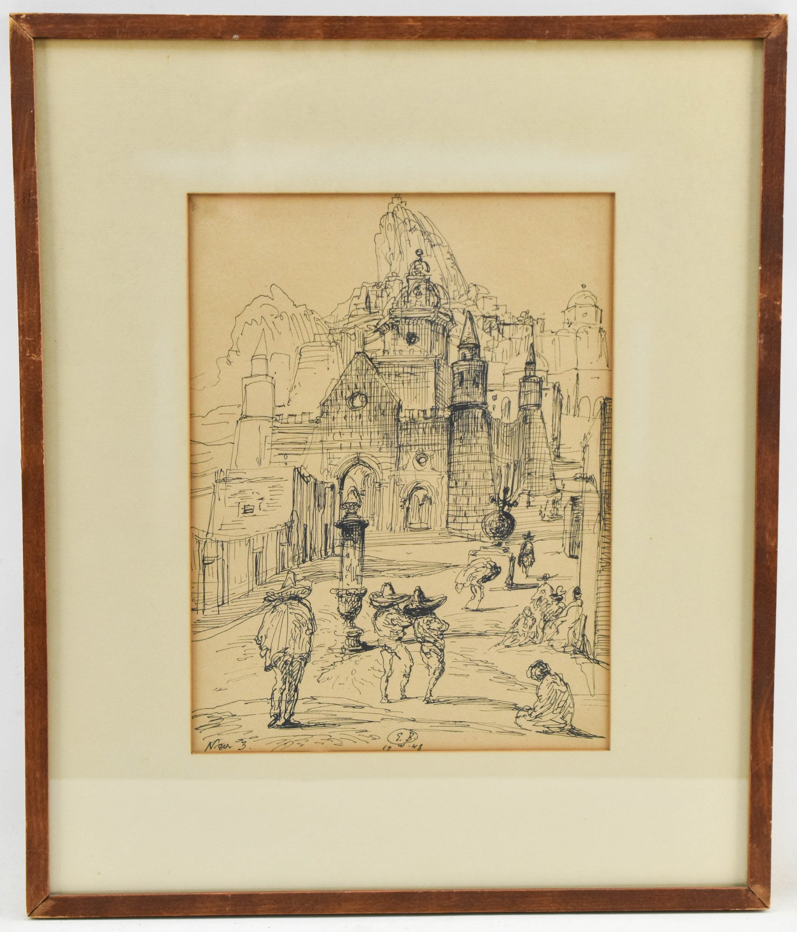 Eugene Berman Ink Drawing of Mexico: Ink drawing by Eugene Berman (1899-1972), dated Nov. 3 1948 and signed E.B. in the bottom center. Depicts a street scene in a Mexican city, with people walking the streets in front of a large stone bu