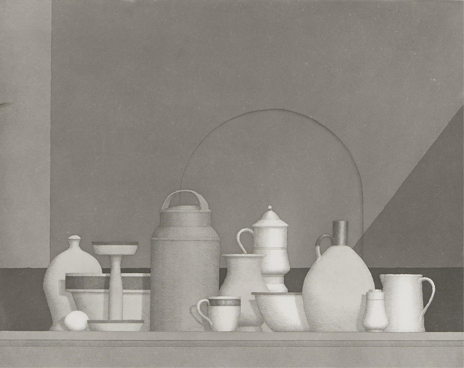 William Bailey Still Life Etching & Aquatint 1987: William Bailey (American, 1930-2020). Etching and aquatint on paper depicting a still life of cups and vessels, 1987. Pencil signed and dated along the lower right; numbered 15/50 along the lower left