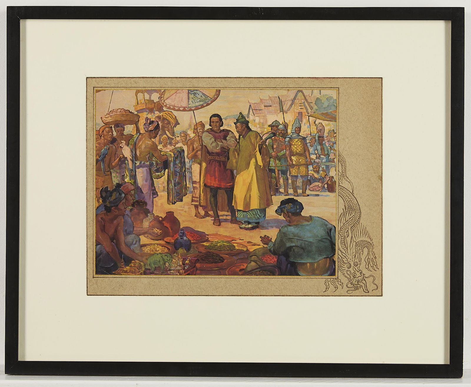 Vintage Lithograph after a Watercolor Painting of Marco Polo in China: The original painting was commissioned by the Glidden paint Company circa 1930. Lithograph possibly by David Charleston - piece has been trimmed so no marks are visible.The image appeared in a Glidden