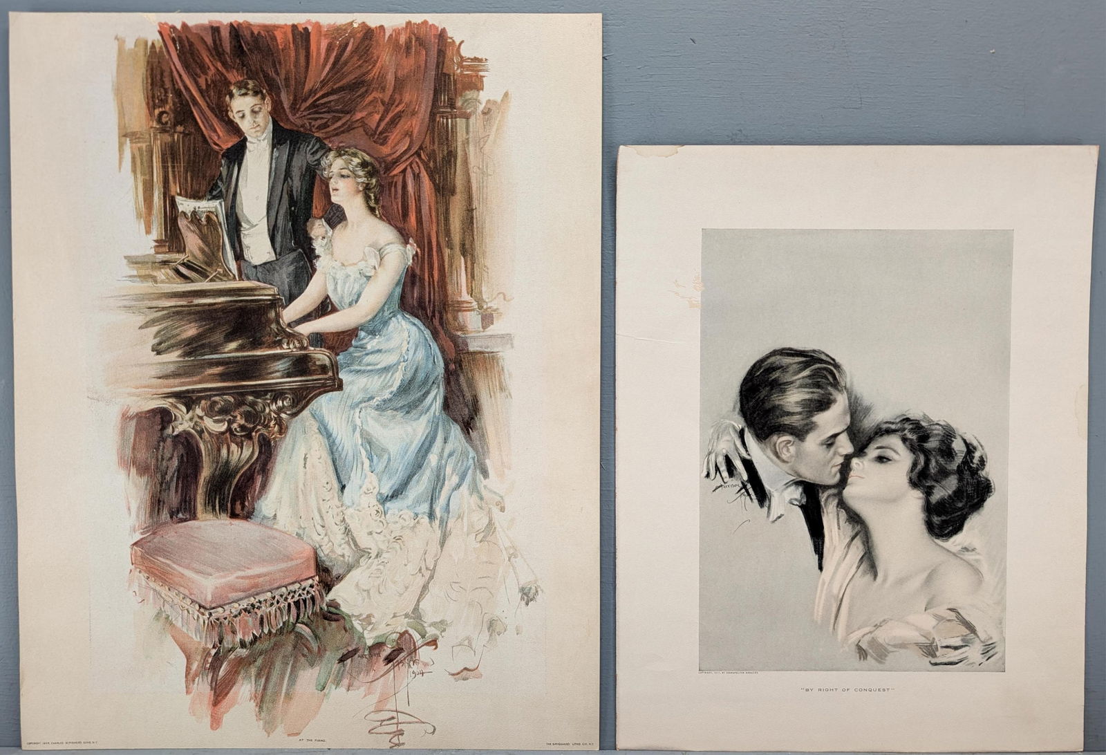 Two Harrison Fisher Lithographs: Harrison Fisher "At The Piano" Color lithograph. Very good condition. Some old backing paper attached the upper part of reverse; mended at the top edge.Harrison Fisher "Right Of Conques