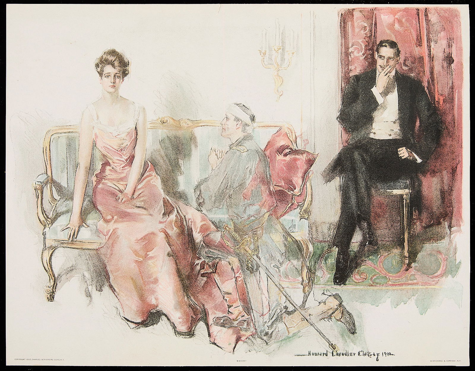 Howard Chandler Christy "Which?" Rare Color Lithograph (1902): Litho produced by the renowned Grignard Litho Co.Christy completed a number of paintings criticizing the Spanish American War (1898). In this image the spectral image of a wounded soldier is shown kne