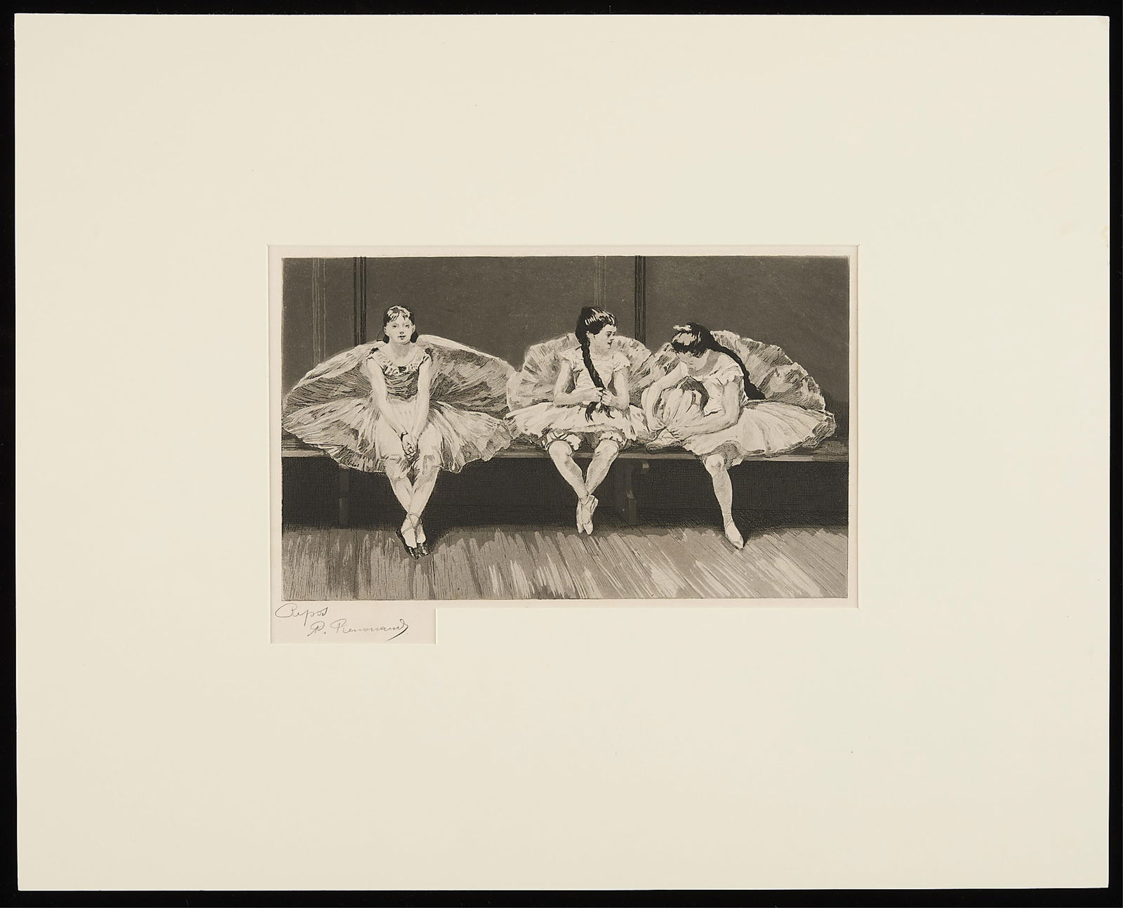 Charles Paul Renouard "Le Repos" Etching: Charles Paul Renouard (1845-1924). Etching titled "Le Repos" depicting a trio of ballerina dancers. From the "Ballerinas at the Opera" series. Signed in pencil and titled lower lef
