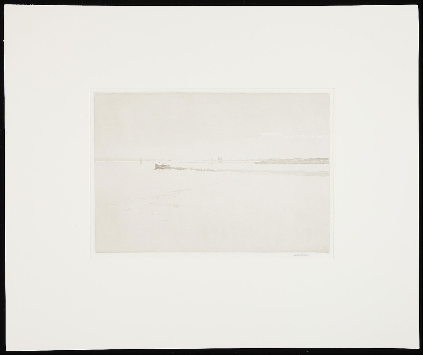Frank Short Untitled Aquatint of Boats on the Water: Frank Short (British, 1857-1945). Untitled aquatint depicting a small boat on the water with other boats far off in the distance. Signed in pencil lower right.Image: 9.25"H x 13.5"W; With Ma
