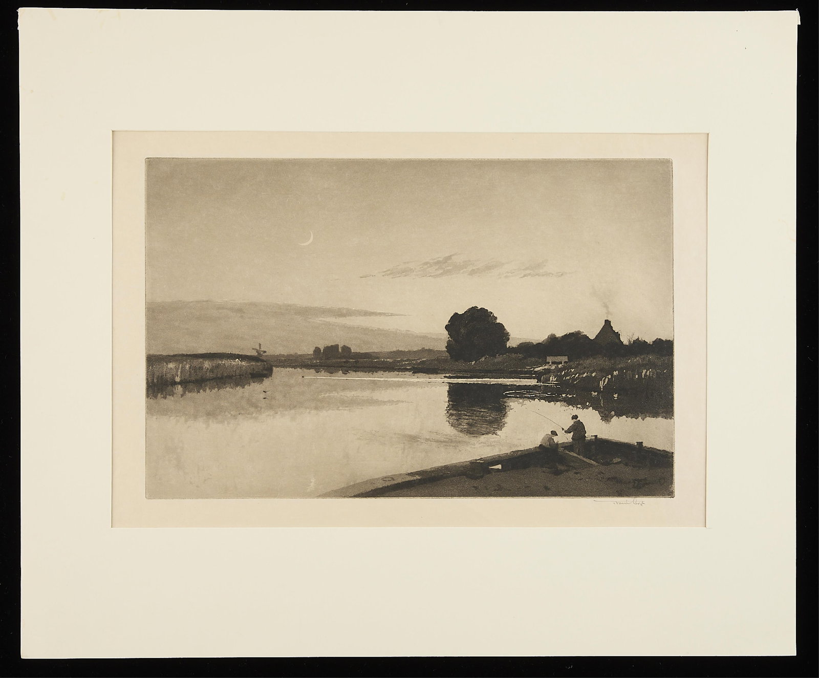 Frank Short "The New Moon" Aquatint 1918: Frank Short (British, 1857-1945). Aquatint print titled "The New Moon" depicting people fishing and landscape under a sliver of moon, 1918. Signed in pencil along the lower right.20"H x