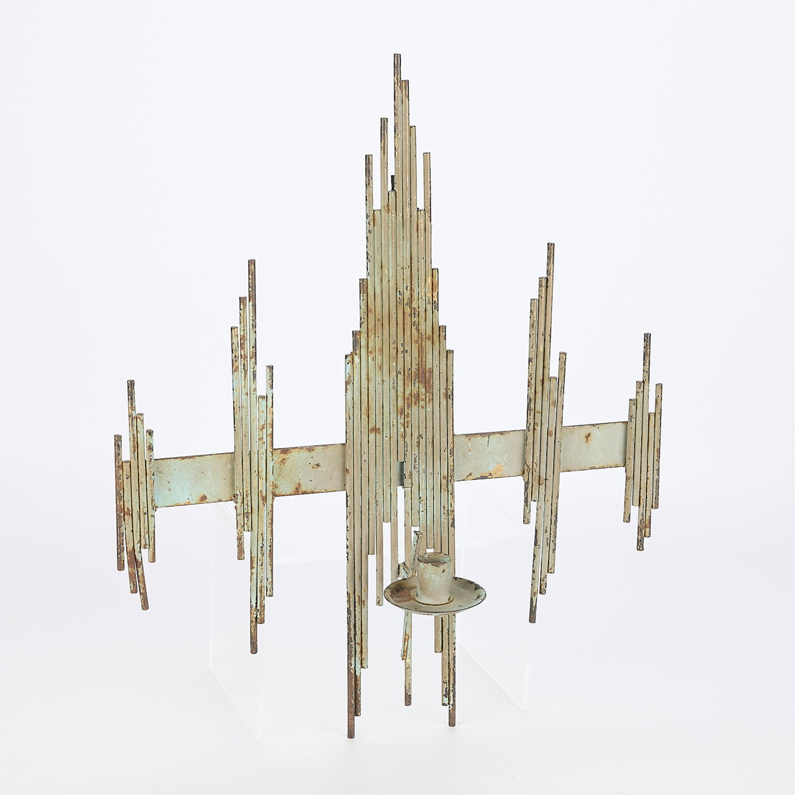 Vintage Mid-Century Brutalist Iron Rod Candle Holder Wall Sconce: Vintage mid-century iron rod wall sconce candlestick holder, ca. 1970. With Brutalist-style design comprised of heavy iron rods and welded construction.21"H x 17"W x 5.5"D