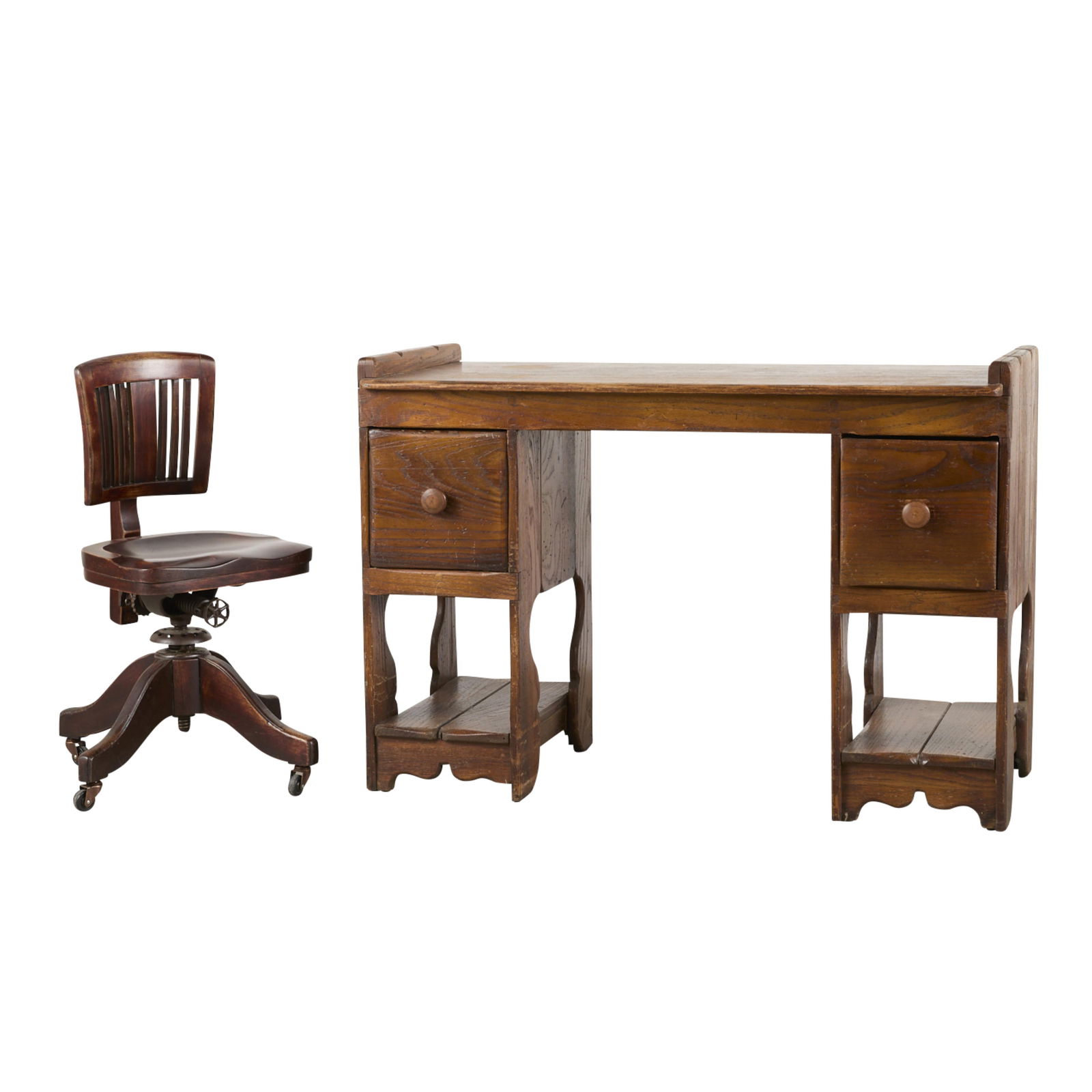 Old Hickory Wood Desk & Revell & Co. Swivel Chair: Old Hickory Furniture Company, Martinsville, Indiana and Revell & Company, Chicago, Illinois. Group of two vintage wooden office furniture pieces including an Old Hickory writing or teacher's desk and