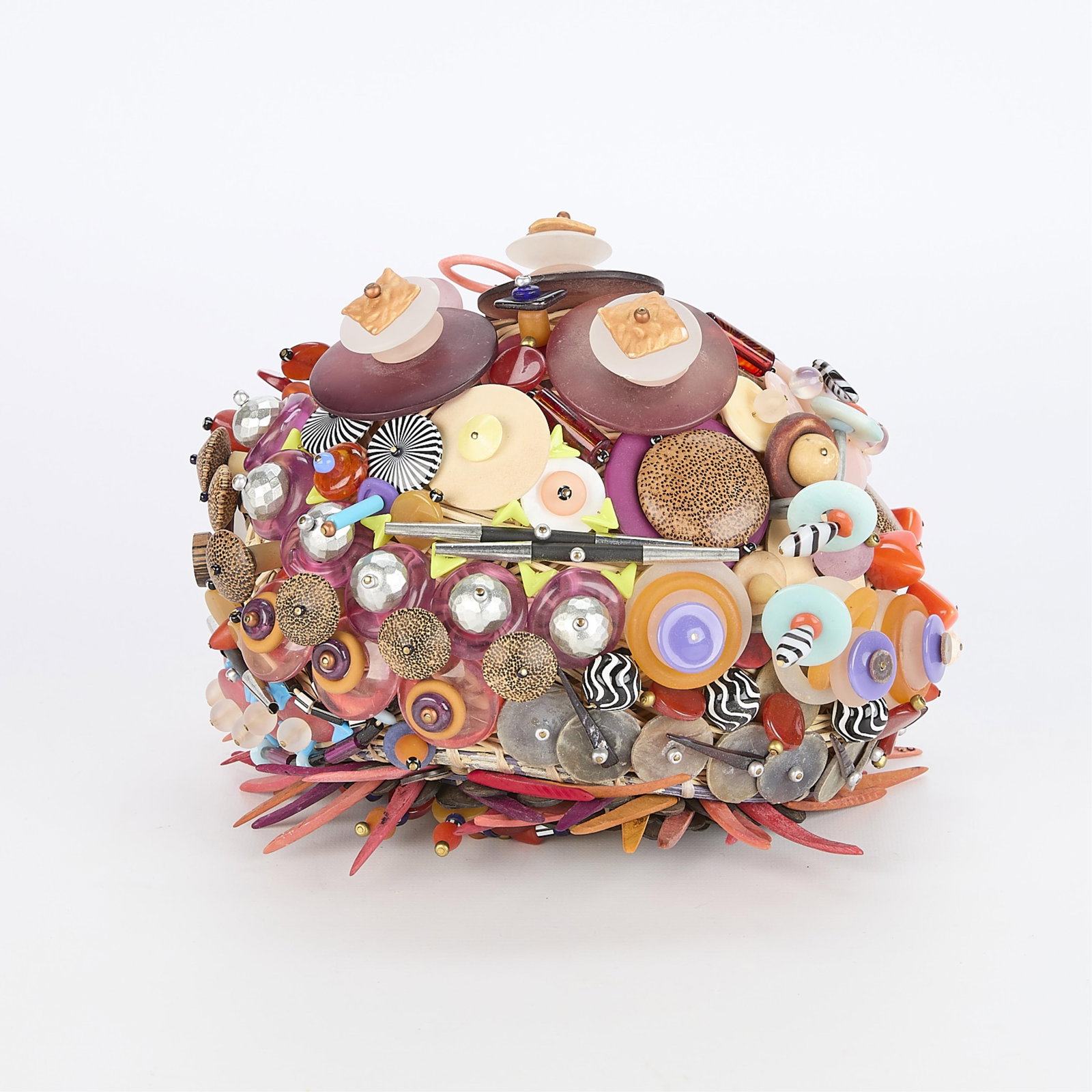 Linda Sorem Handmade Beaded Art Basket: Handmade basket art utilziing natural materials and beads made of different materials. 7"H x 8.5"Dia.