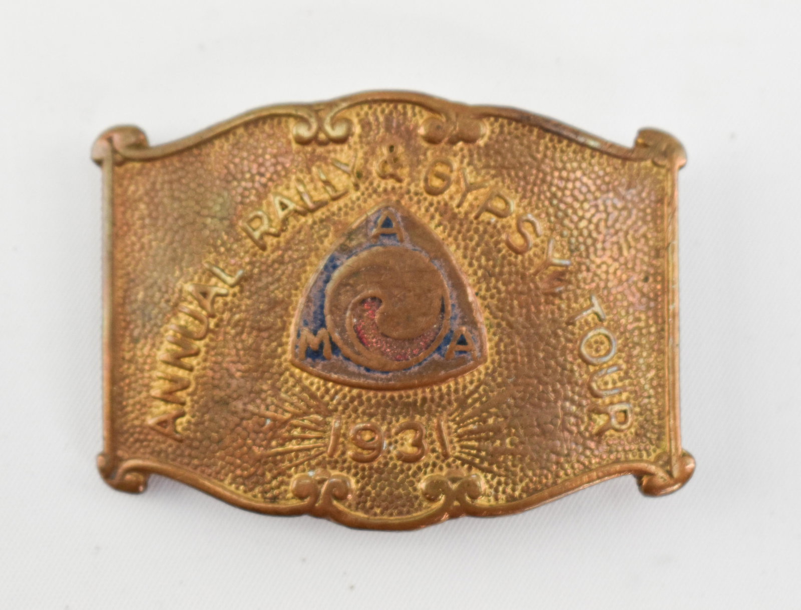 1931 AMA Motorcycle Annual Rally & Gypsy Tour Belt Buckle: 1931 American MotorcycleAssociation (AMA) Motorcycle Annual Rally & Gypsy Tour Belt Buckle. Manufactured by the D. Lauld Co, Columbus, Ohio. 1.75"H x 2.25"W