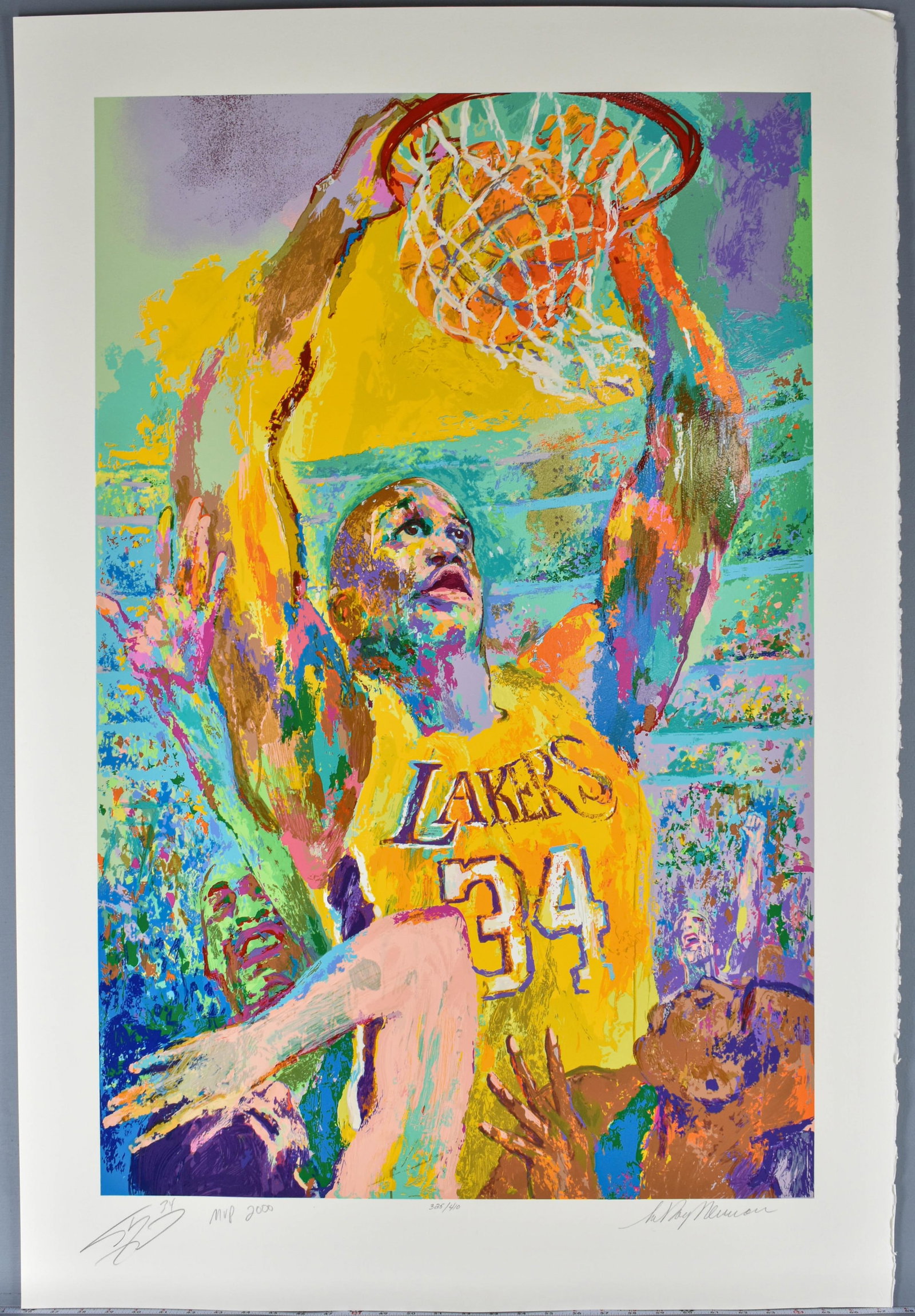 LeRoy Neiman Shaquille O'Neal "Shaq" Double Signed and Numbered Serigraph Print: LeRoy Neiman (American, 1921-2012). Color serigraph on paper titled "Shaq" depicting Shaquille O'Neal wearing his iconic number 34 Lakers jersey as he slam dunks in midair. Double pencil sig