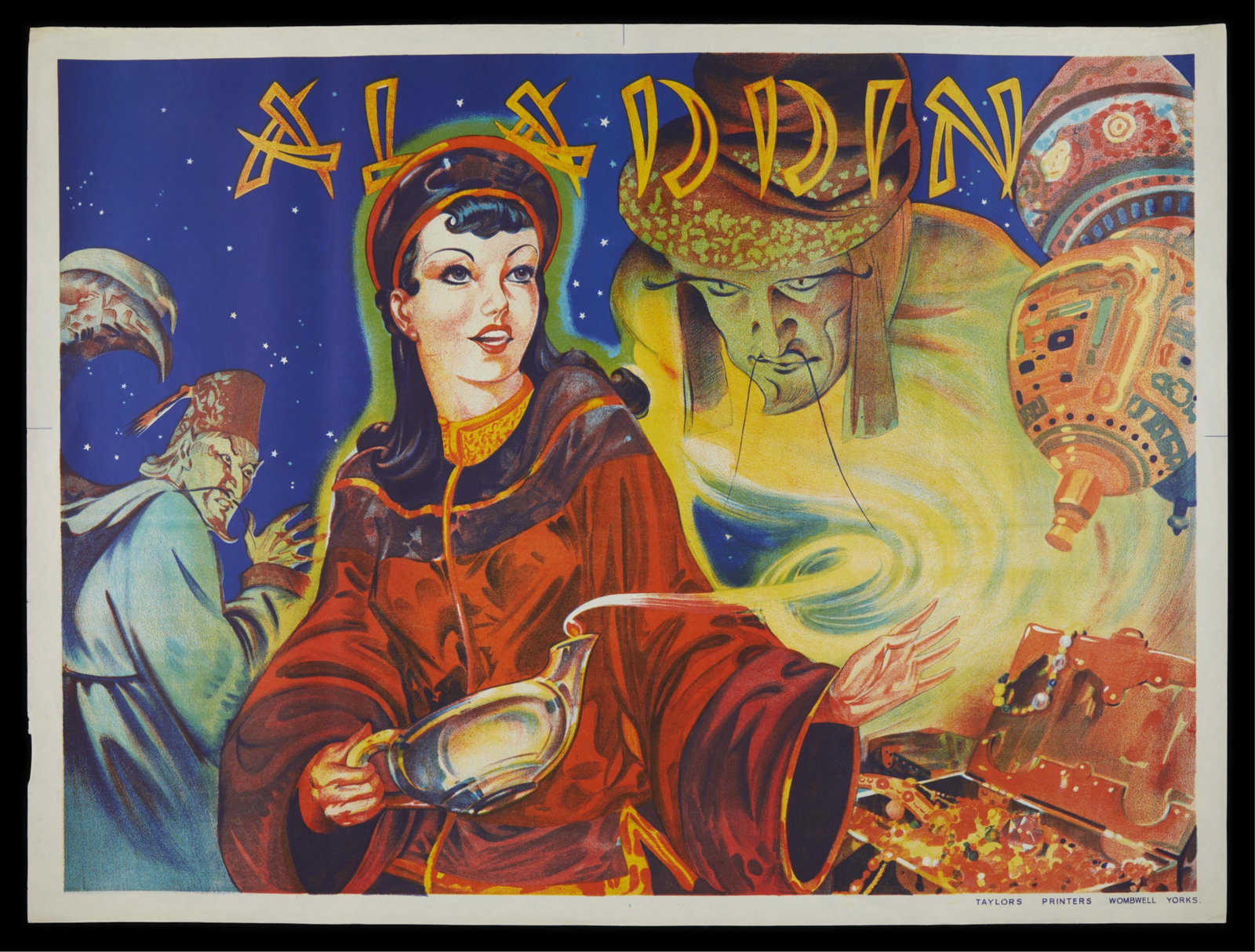 Vintage Art Deco 1930's Aladdin Theater Poster Stone Lithograph: An original vintage single sheet circa 1930 for an English stage play production of Aladdin. Printed by Taylors of Wombwell, York, one of the leading lithographic printers for provincial theaters. The