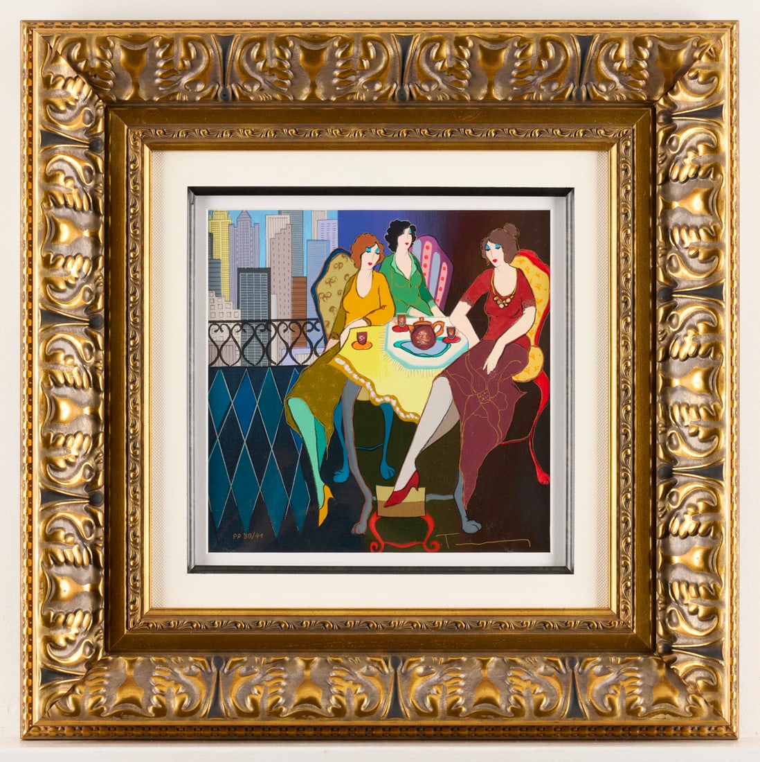 Itzchak Tarkay "Out the Window" Serigraph 2006 - Signed: Itzchak Tarkay (Israel, 1935-2012). Serigraph titled "Out the Window" depicting three women seated at a table with a setting of tea before them, ca. 2006. Signed along the lower right and ed