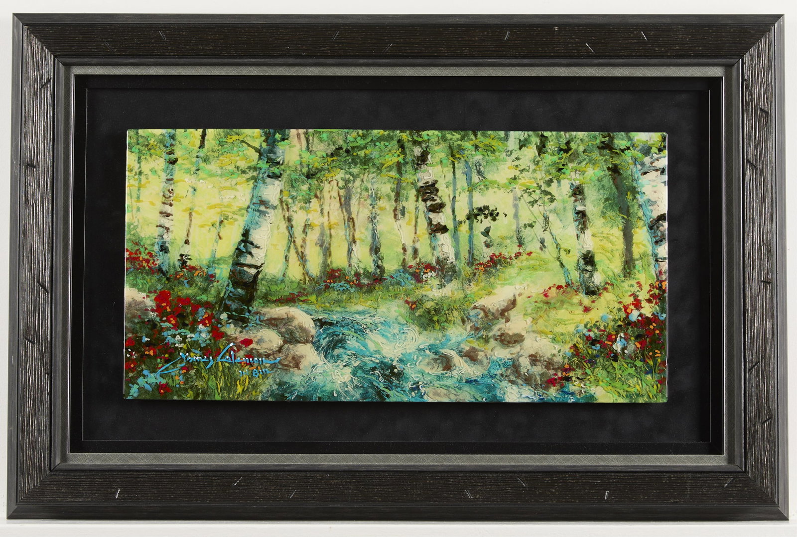 James Coleman "Forest Rhythm" Painting on Metal: James Coleman (American, b. 1949). Painting on metal titled "Forest Rhythm" depicting a verdant forested landscape. Signed and illegibly numbered, editioned, or dated along the lower left.22