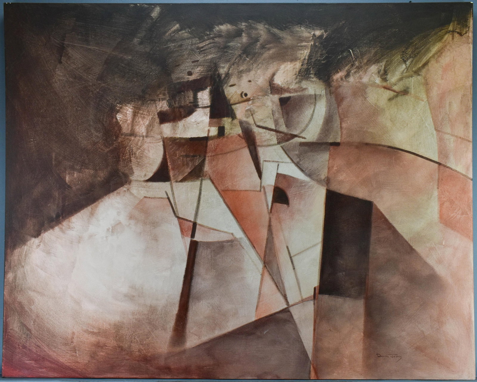 David Johns Abstract Painting on Canvas: Original oil painting on canvas. An abstract figural work in shapes and forms evoking the artist's Navajo heritage. Signed in lower right.48"H x 60"W.