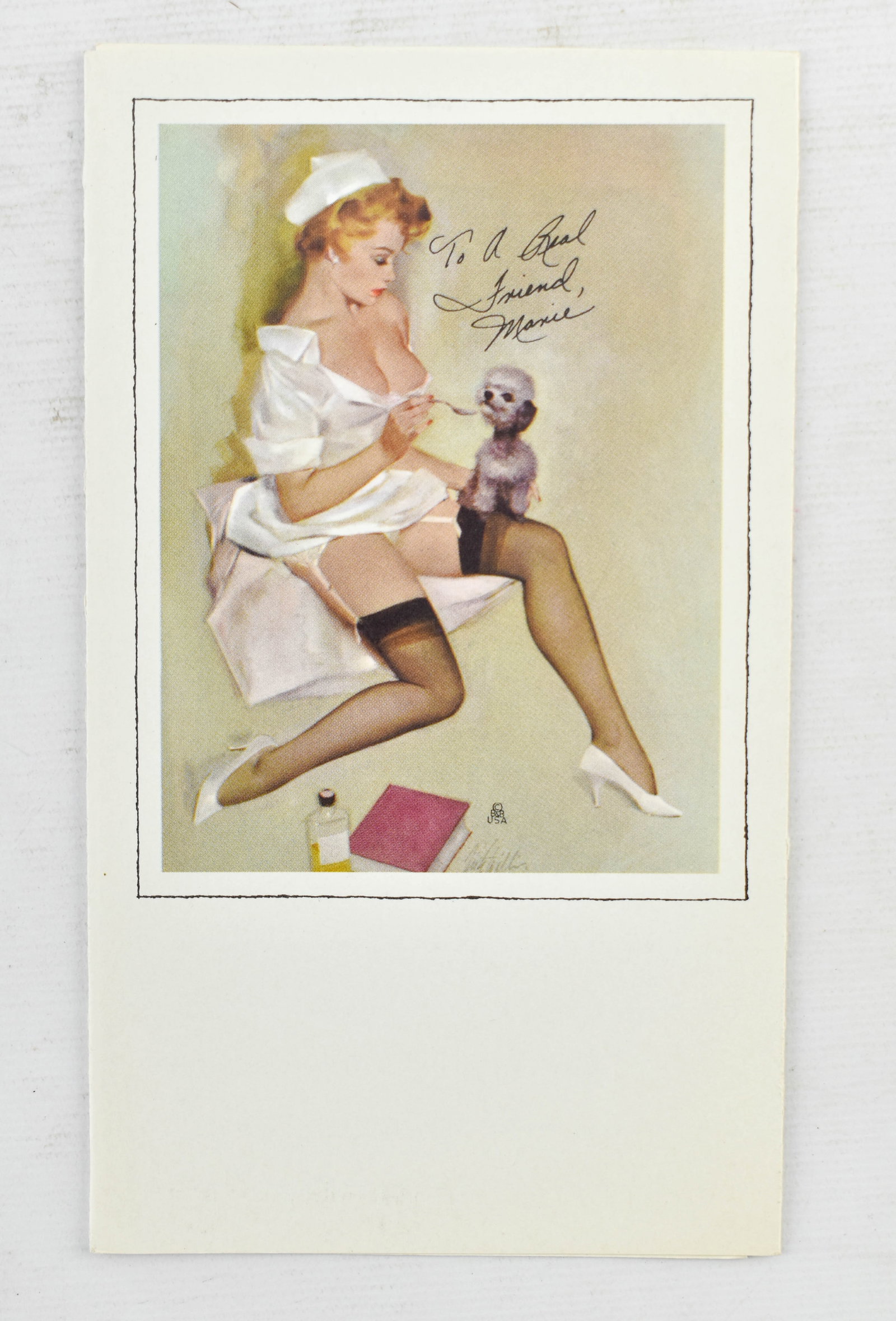 Vintage Fritz Willis Pin-Up Girl Artwork Pocket Appointment Calendar: Fritz Willis 'To a Real Friend, Marie' pocket appointment calendar with a pin-up girl artwork. Pub. Brown & Bigelow. With spaces for filling out dates and appointments. Early 1960s.6.5"H x 3.75&q