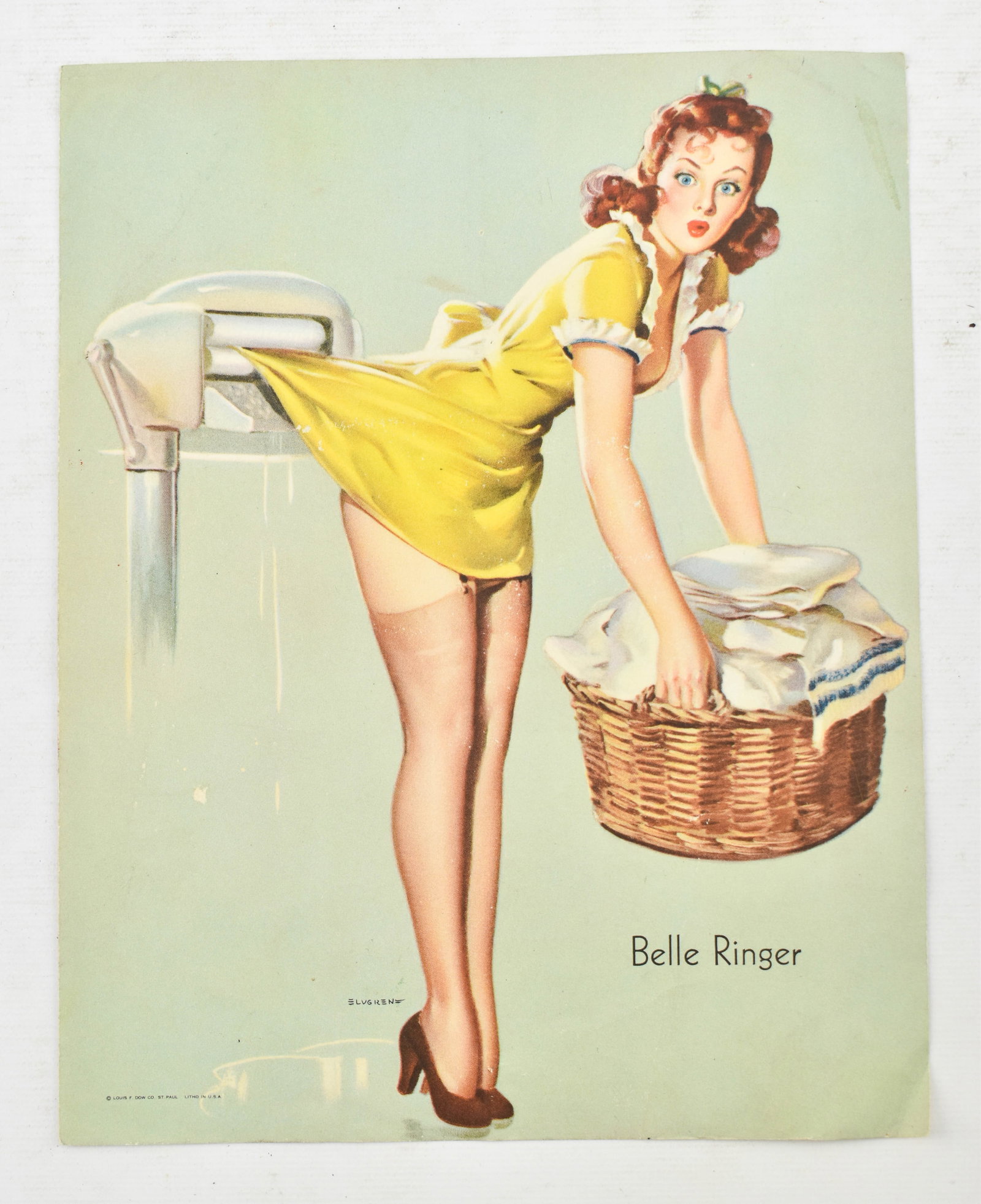 Vintage 'Belle Ringer' Gil Elvgren Pin-Up Artwork Litho: Vintage pin-up artwork lithograph by Gil Elvgren. Titled 'Belle Ringer.' Circa 1950s. Printed by Louis F. Dow Co.9.5"H x 7.5"W