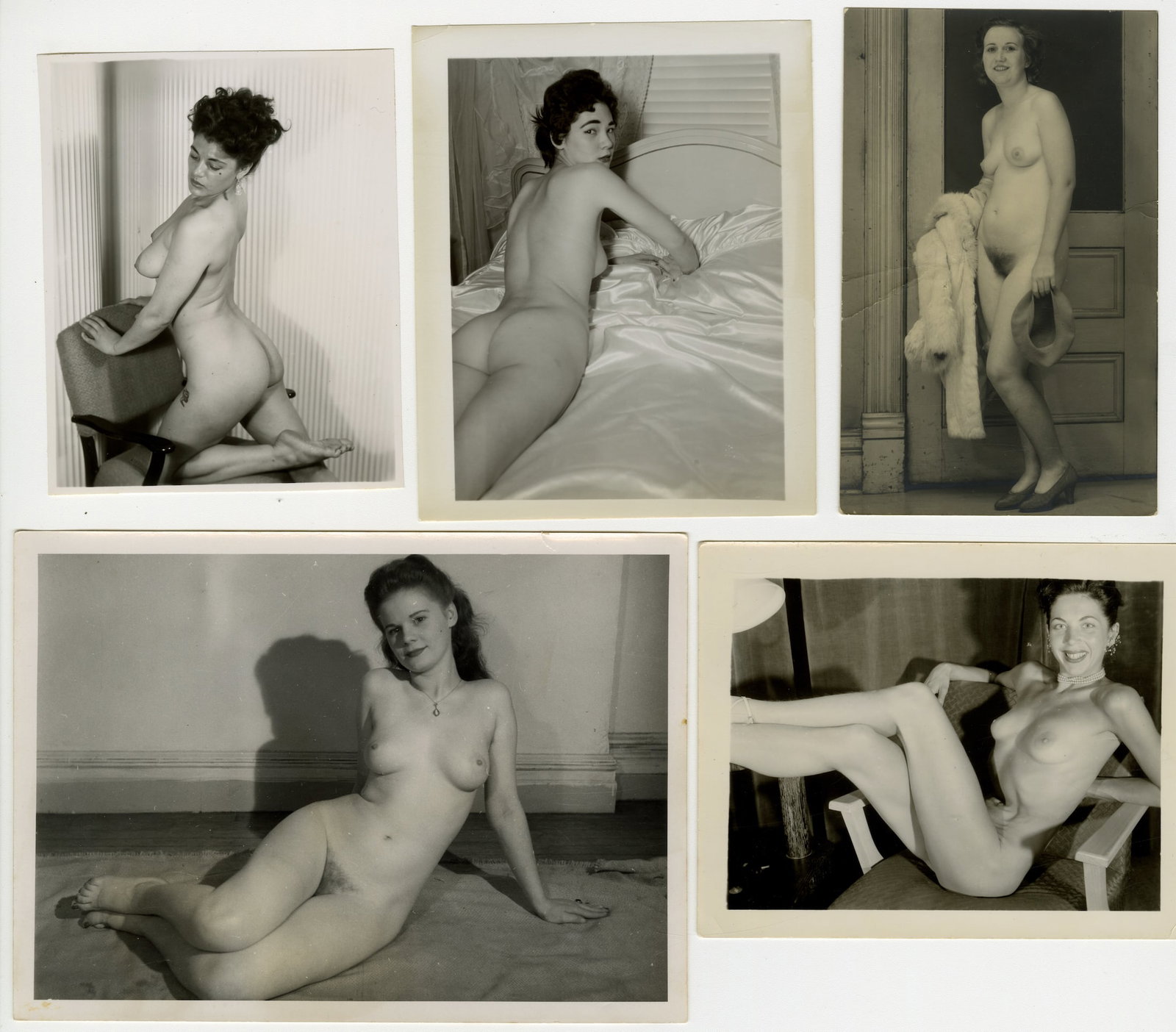 Lot of 5 50s-60s Vintage Erotic Pin Up Photographs Nude Models: This is a lot of five (5) 1950s-60s erotic photographs of five different pretty models posing in various states of undress. Several appear to be camera club amateur photos. 7"W x 5"H.