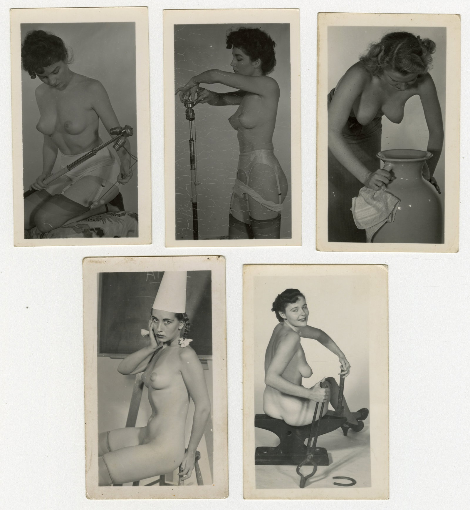 Lot of 5 Small 50s-60s Vintage Erotic Pin Up Photographs Nude Models: This is a lot of five (5) 1950s-60s erotic photographs of five different pretty models posing nude and having some fun in a photographer's studio. Photos like these were usually sold through mail orde