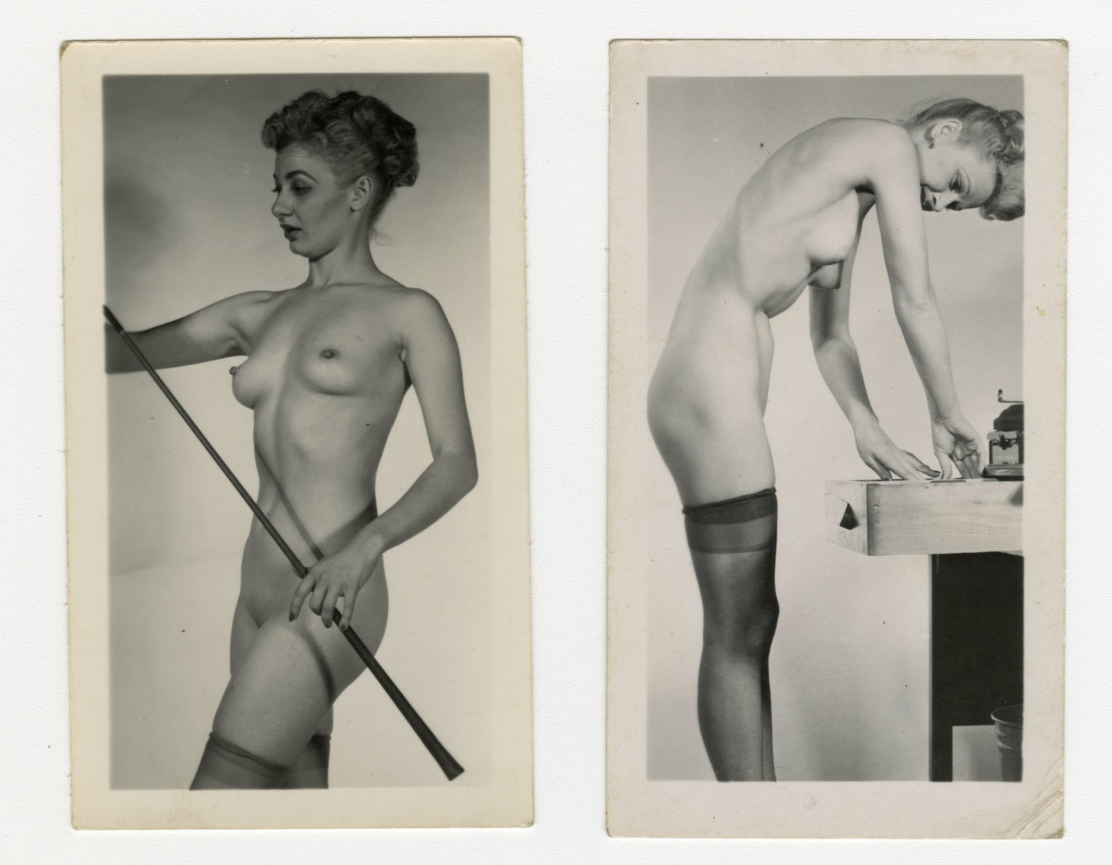 Lot of 2 Small 50s-60s Vintage Erotic Pin Up Photographs Blonde Beauty: This is a lot of two (2) 1950s-60s erotic photographs of a pretty blonde model posing nude in a photographer's studio. Photo series like these were usually sold through mail order or under the table.2