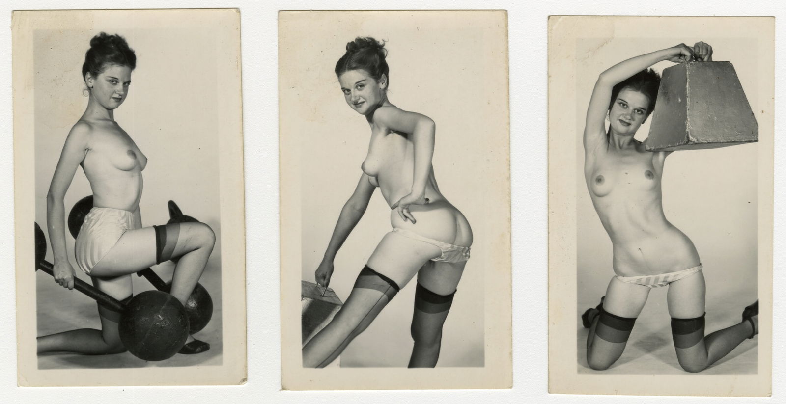 Lot of 3 Small 50s-60s Vintage Erotic Pin Up Photographs Topless Workout: This is a lot of three (3) 1950s-60s erotic photographs of a pretty brunette model lifting weights topless. Photo series like these were usually sold through mail order or under the table.2 3/8"W