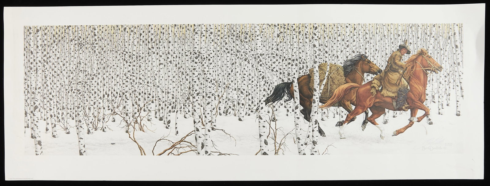 Bev Doolittle "Sacred Ground" Signed & Numbered Print: Bev Doolittle signed and numbered original print. Signs of water exposure resulting in areas of slight discoloration. Also a crease to the paper outside of the image.15.5"H x 42.5"W.