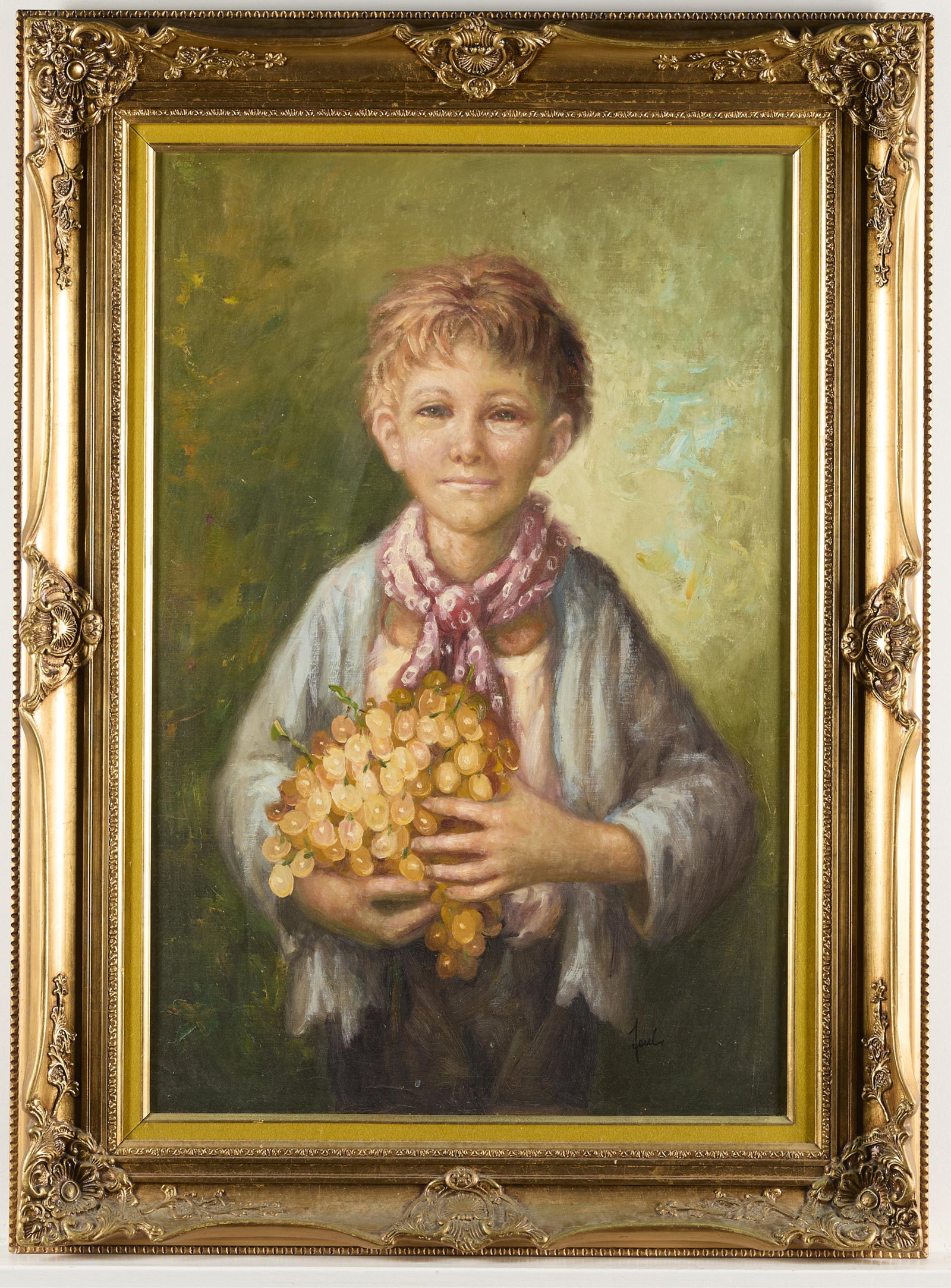 Raphael Fanti Original Oil Painting of Boy with Grapes: Original oil painting on canvas depicting a young boy holding grapes. Signed lower right. In ornate gilt wood frame. Short artist bio included.46"H x 34"W