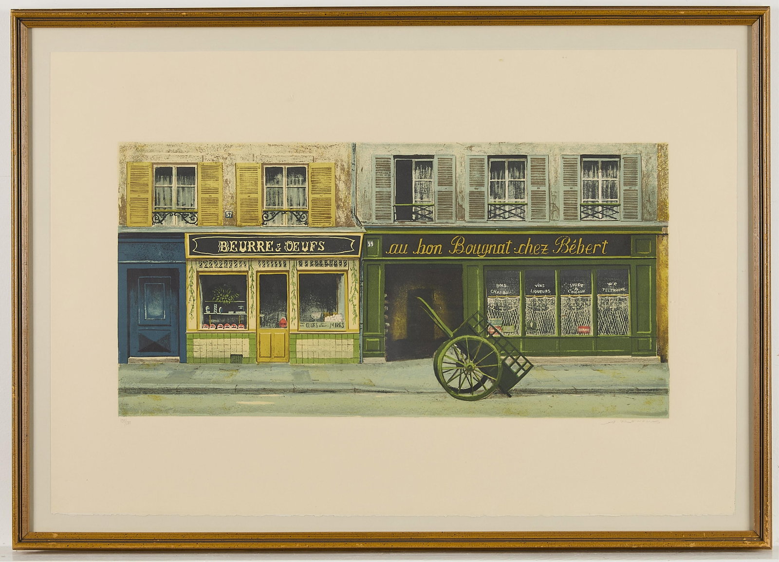 Andre Renoux "Le Bougnat" Lithograph: Limited edition lithograph depicting a french street scene. Signed along bottom right. 23 1/2"H x 33"W.