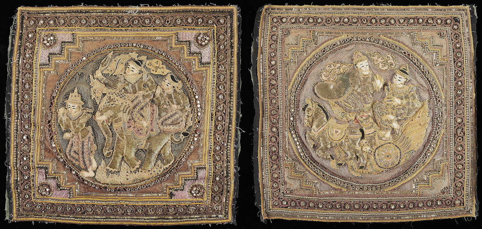 Two Antique Burmese Kalaga Embroidery Panels: Two Kalaga embroidery panels, one depicting Rama riding to battle in Indra?s chariot driven by Matali, and the other depicting Indra on Airavata. Kalaga is a type of tapestry traditionally made in Mya