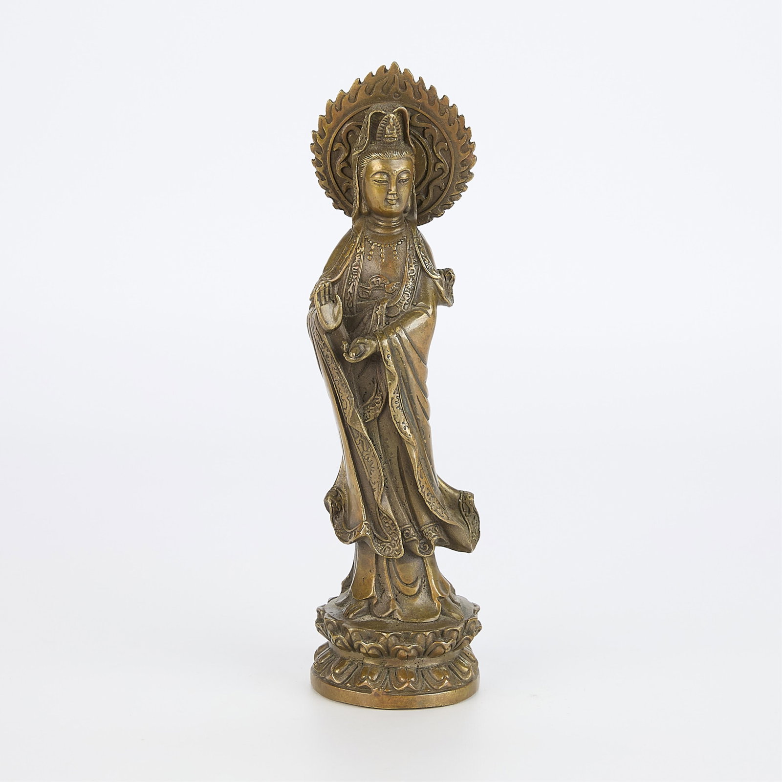 Antique Chinese Brass Guanyin Figure: Antique Chinese brass figurine sculpture depicting a guanyin. With impressed four-character mark along the back. 10.5"H x 3"W x 3"D