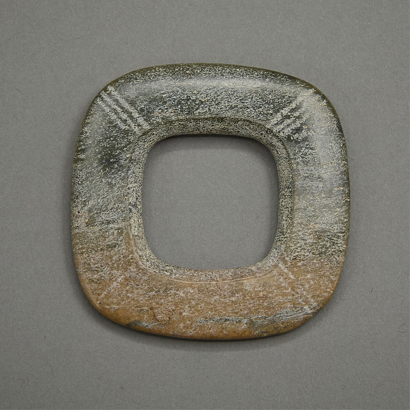 Chinese Carved Jade Square Bi: Chines carved jade in the form of a rounded square bi disc. With incised line accents along the corners. Likely antique.2.5"H x 2.5"W x .25"D
