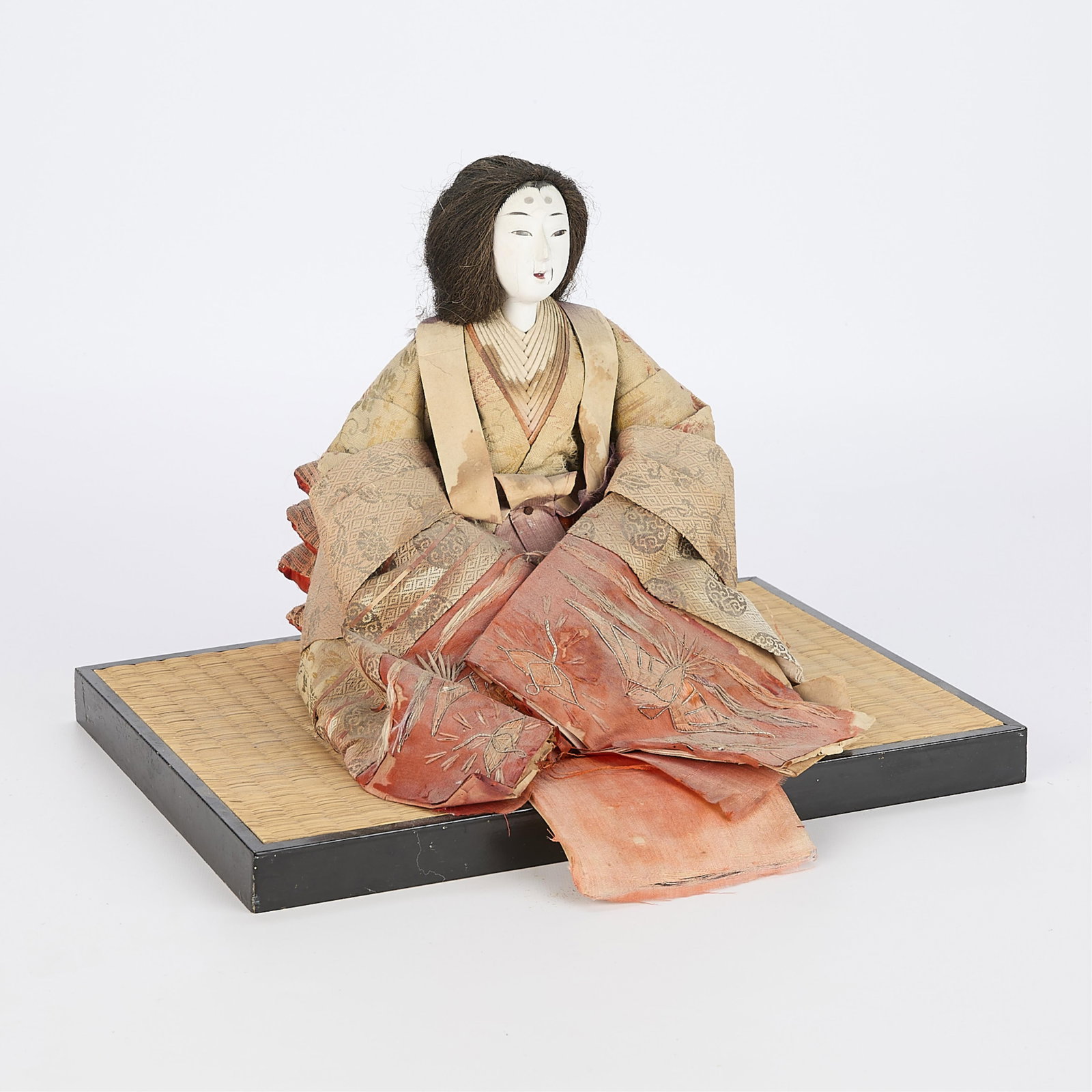 Lrg Vintage Japanese Ningyo Doll w/ Stand: Large vintage Japanese Kimekomi, Ichimatsu, Ningyo or Kabuki friendship doll with stand depicting an elegantly dressed woman in kimono seated on a tatami bamboo mat. 11"H x 14"W x 11"D