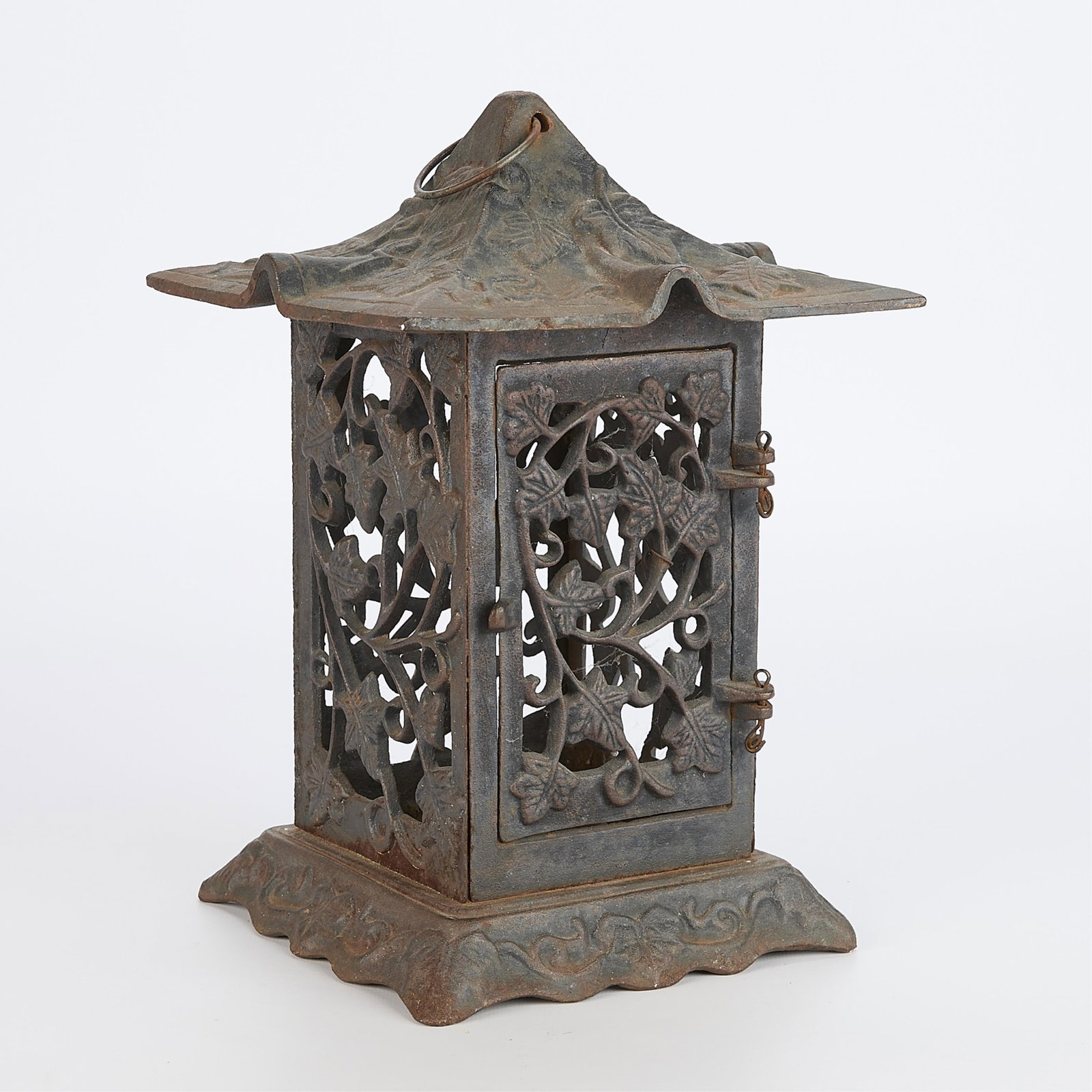 Vintage Japanese Cast Iron Pagoda Lantern: Vintage Japanese cast iron square pagoda lantern With Japanese maple tree, or "momiji," motif throughout in high-relief along the top and pierced along the side. The mape tree has many symbo