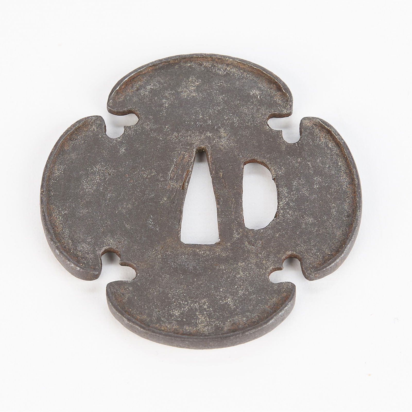 Antique Japanese Quatrefoil Tsuba Sword Guard: Antique Japanese iron tsuba sword guard with a quatrefoil design. With a custom tomobako wooden box.(Case) 4.5"L x 4.5"W x 1.25"D