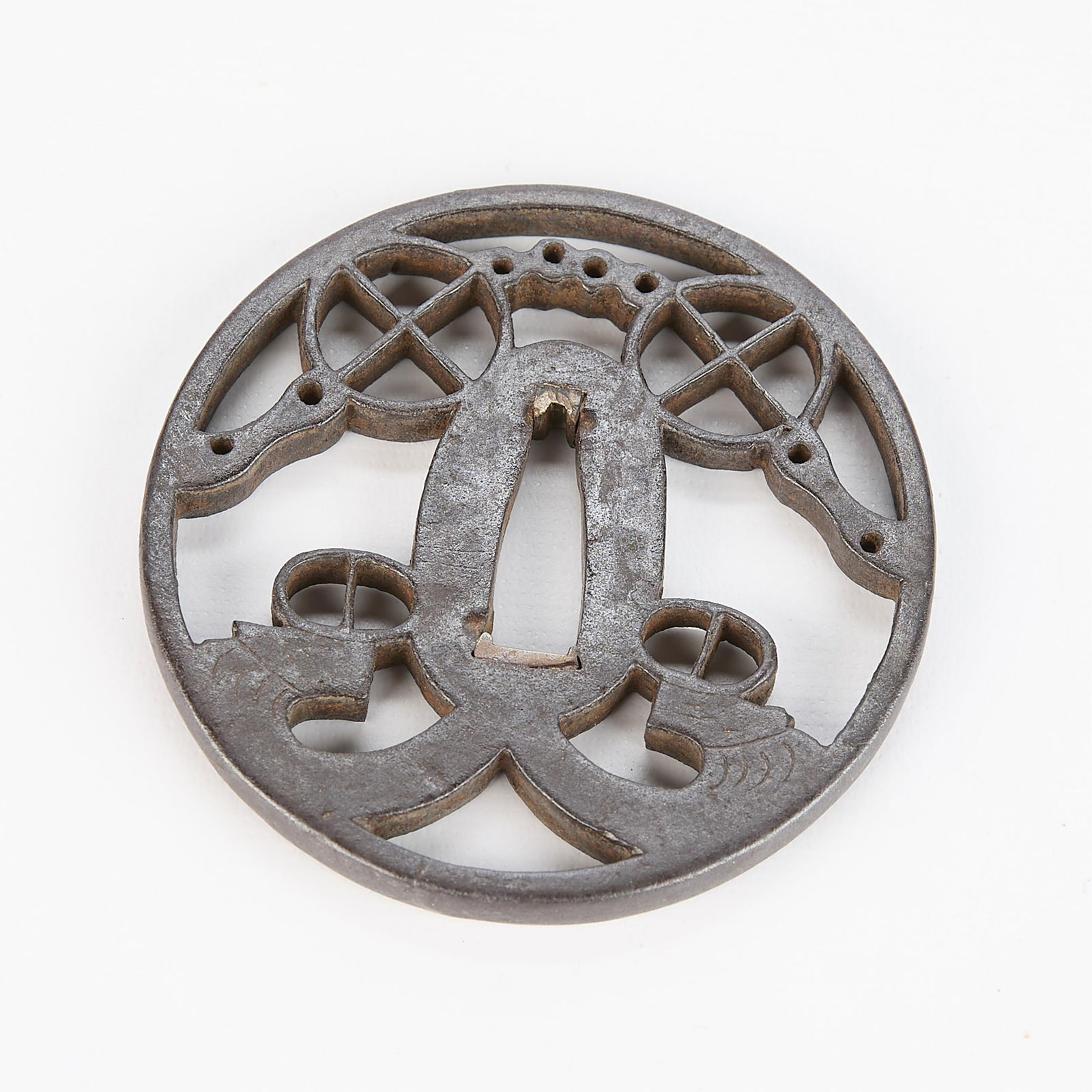 Antique Japanese Shoami School Tsuba with Intricate Designs: Antique circular Japanese Shoami-style iron tsuba sword guard with carefully pierced decorations. With a custom wooden box.(Case) 4.5"L x 4.5"W x 1.25"D