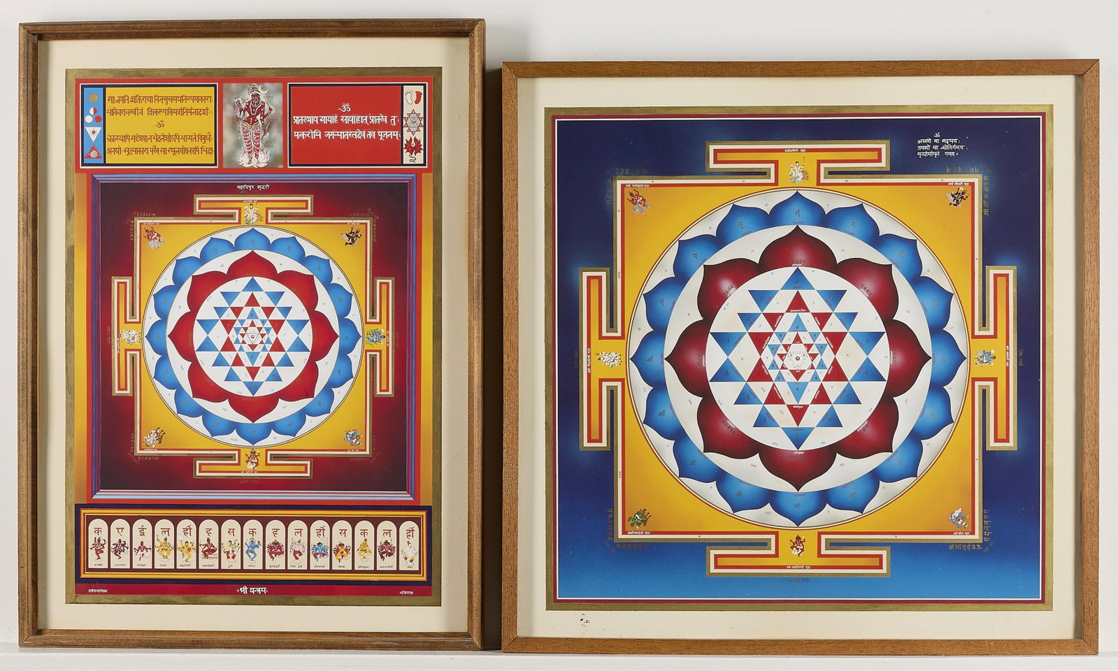2 Tibetan Sri Yantra Mandala Paintings: Group of two Tibetan Sri Yantra mandala paintings. RED: 31 1/4"H x 23 1/4"W. BLUE: 29"H x 29"W.
