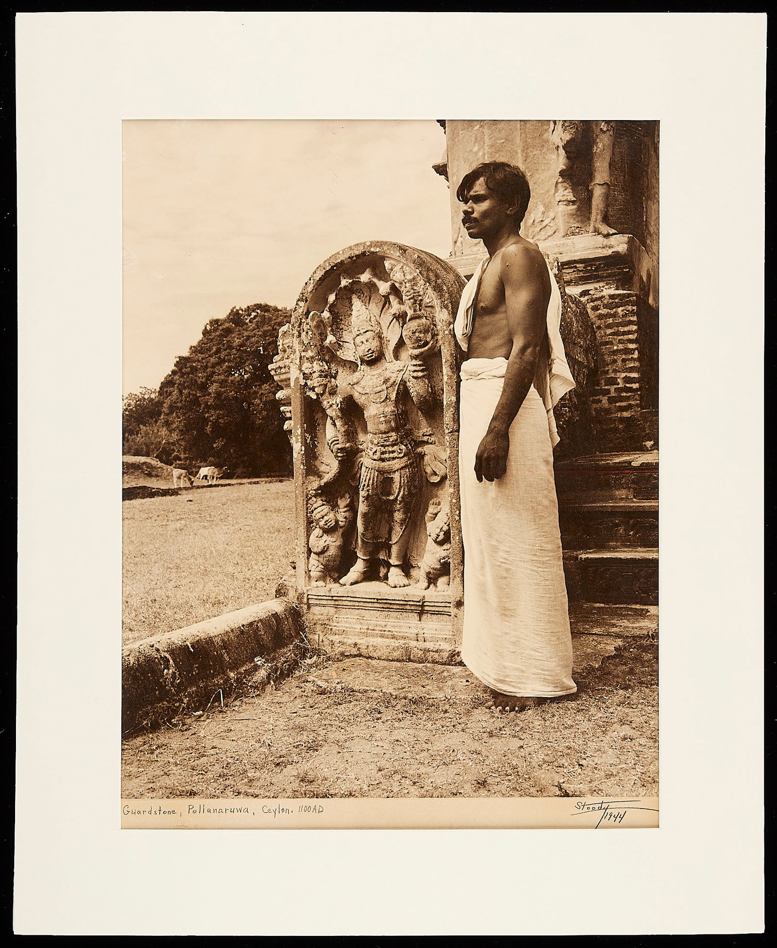 "Guardstone, Pollunaruwa, Celyon, 1100 AD" Photograph by Clarence Ferrell Stoody, 1944: Original WWII era documentary large format photograph by Clarence Ferrell Stoody (1906-1986). Pencil signed ?Stoody? with title and date. Images were shot with a Graflex Crown Graphic. Rare photo, pos