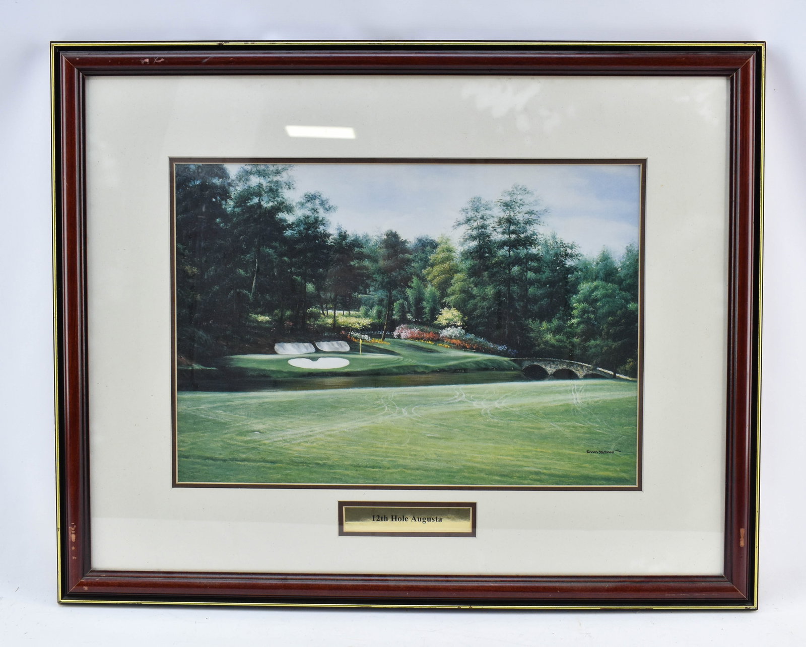Simon Stallwood 12th Hole Augusta Print: Framed print of a painting of Hole 12 at the Augusta National golf club by artist Simon Stallwood. Stallwood is both a sporting artist and a golfer himself.24 1/2 x 30 1/2"W.