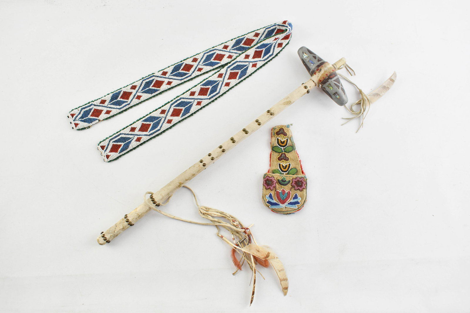Native American Items including War Hammer/Club & 2 Beaded Items (1 of 8)
