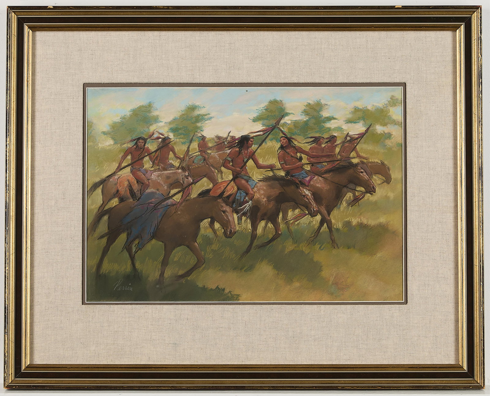 Original Pastel on Paper Artwork of Native Americans on Horseback, Signed Perrin (1 of 5)