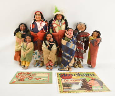 Native American Indian Style Skookum Doll Collection: Large lot or collection of assorted vintage "Skookum" doll toys and ephemera.Largest: 17"H