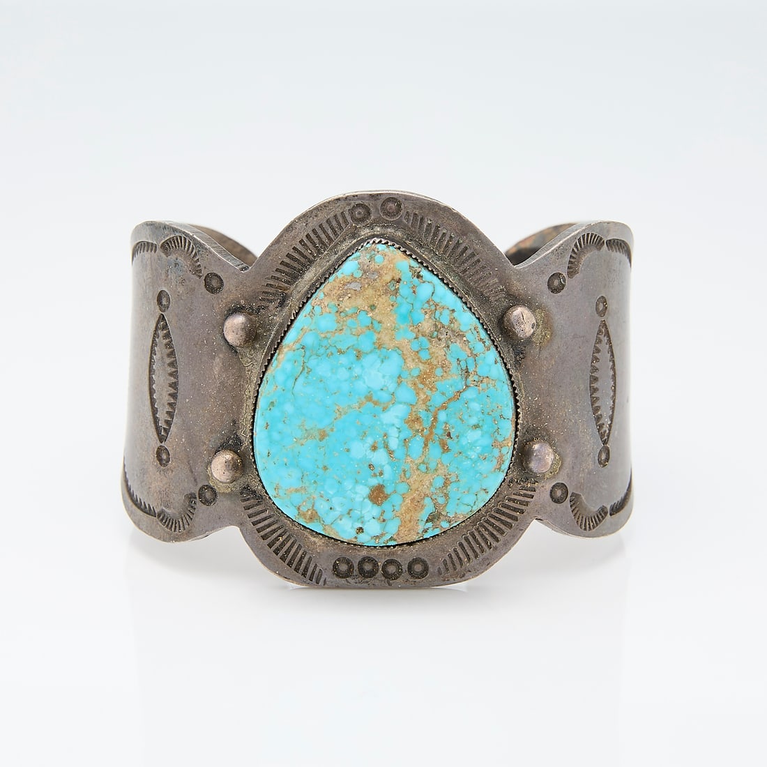 Sterling Cuff Bracelet with large Turquoise Stone, Marked DH (1 of 4)