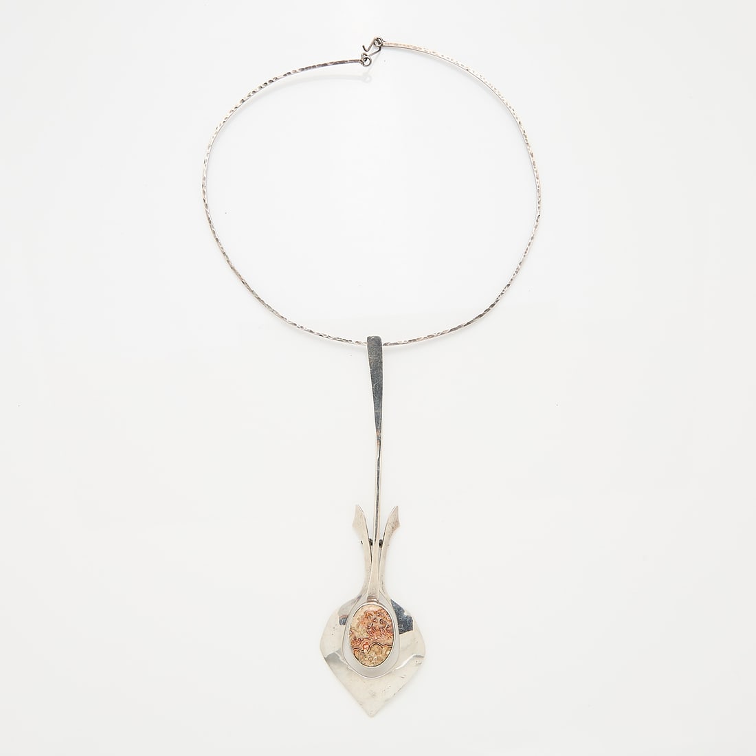 Unmarked Modernist Choker with Linear Pendant: Rigid silver choker with linear pendant set with stone. Item appears unmarked. Choker diameter: 5". Overall: 10.75"L